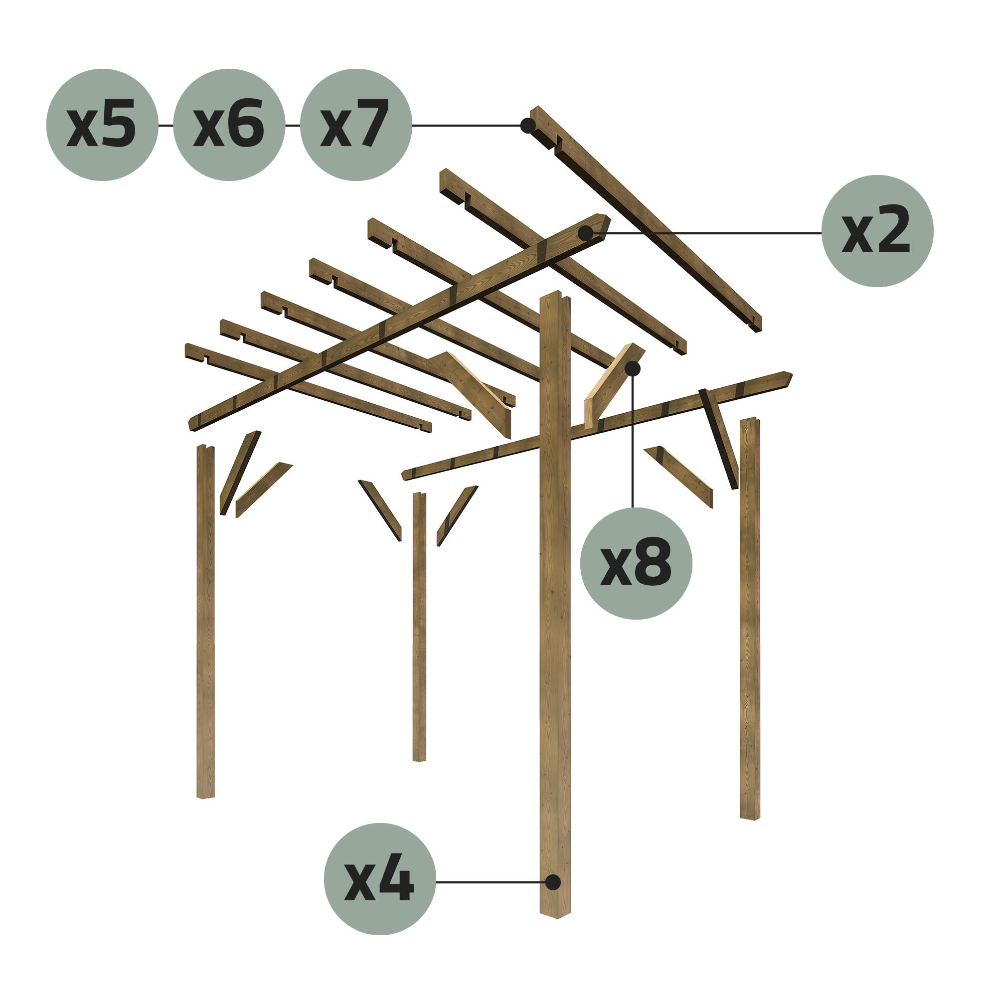 Travesaño de madera maciza mecanizado de 9x4x360 cm para pérgola