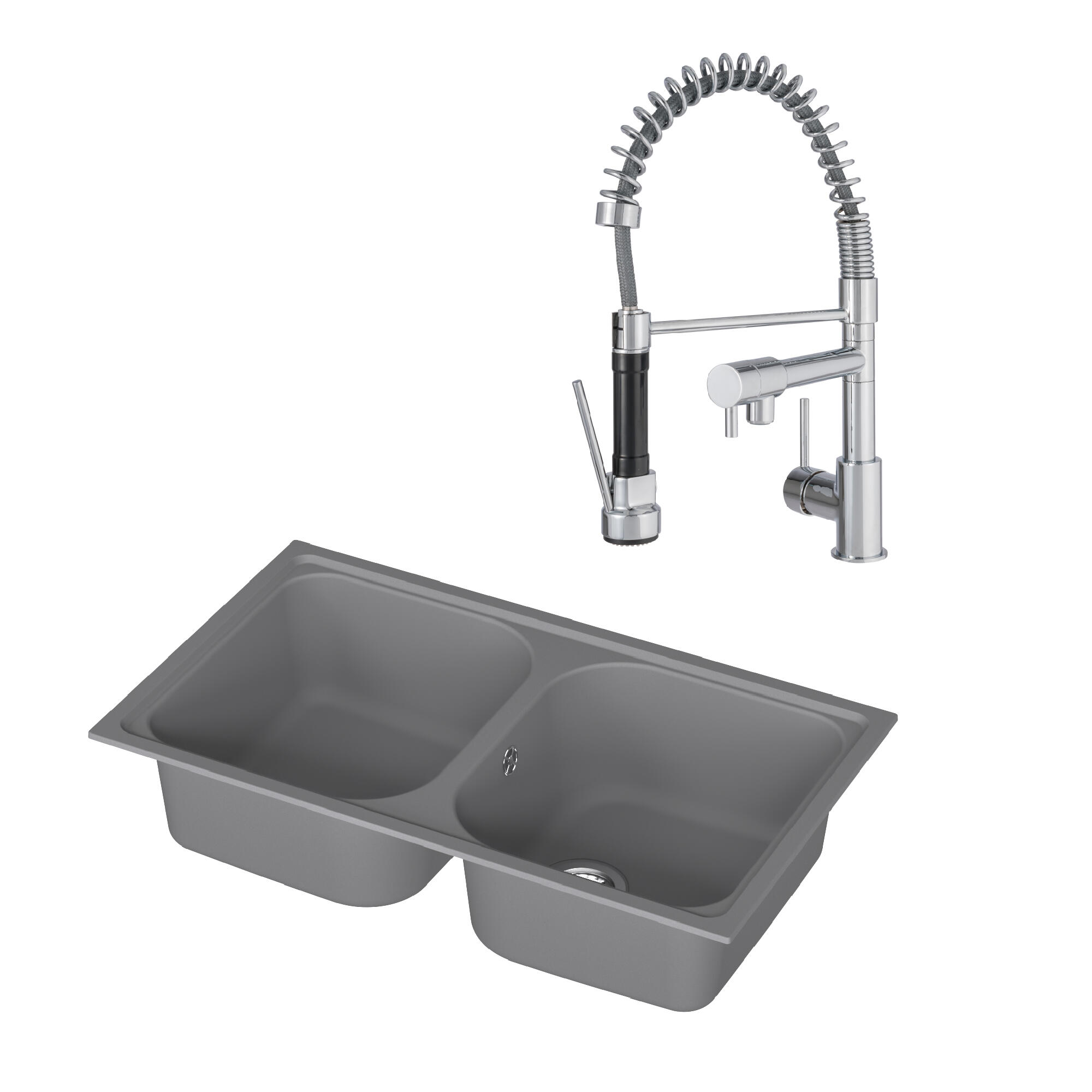 Conjunto fregadero elbe 2 cubetas gris y grifo de cocina delinia alain cromo