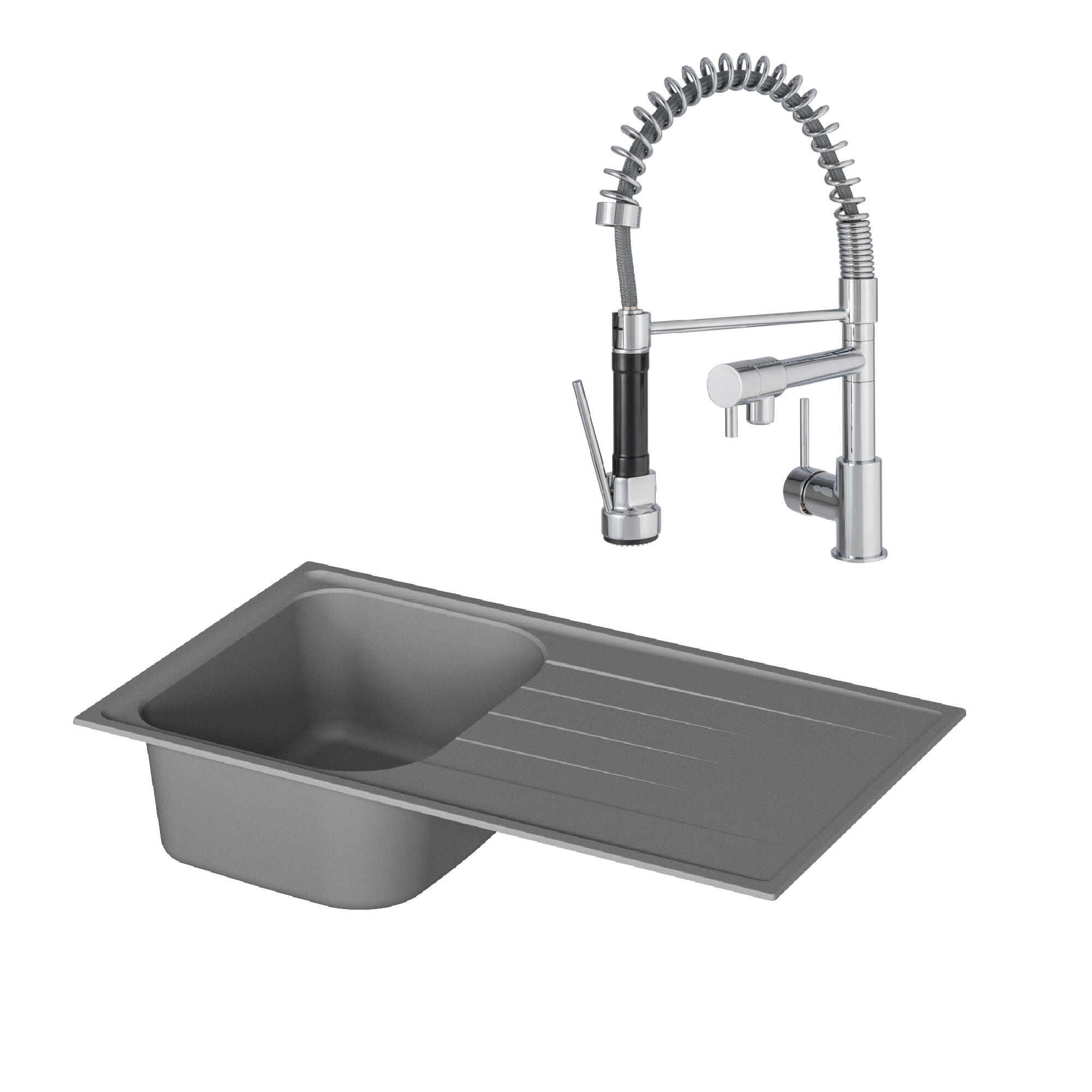 Conjunto fregadero con escurridor elbe gris y grifo de cocina delinia alain cromo