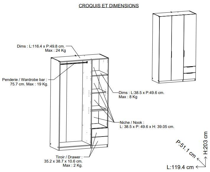 Armario puerta abatible Space 119.4x203x51.1cm blanco - 3