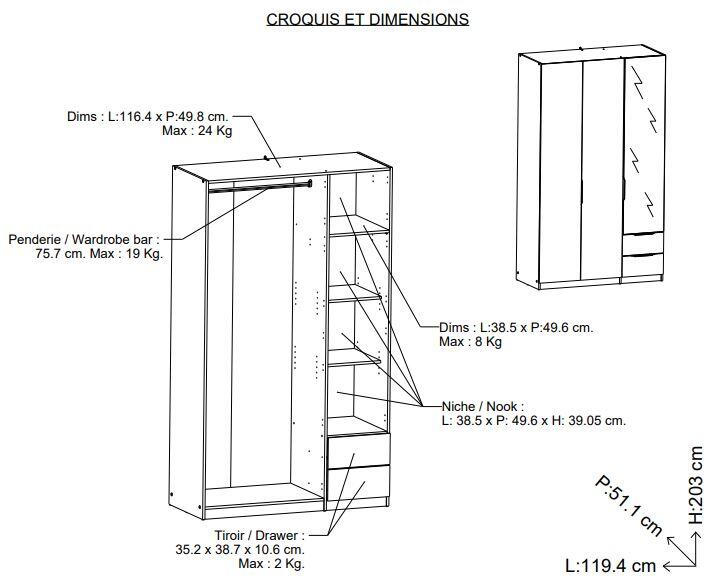 Armario puerta abatible Space 119.4x203x51.1cm blanco - 3
