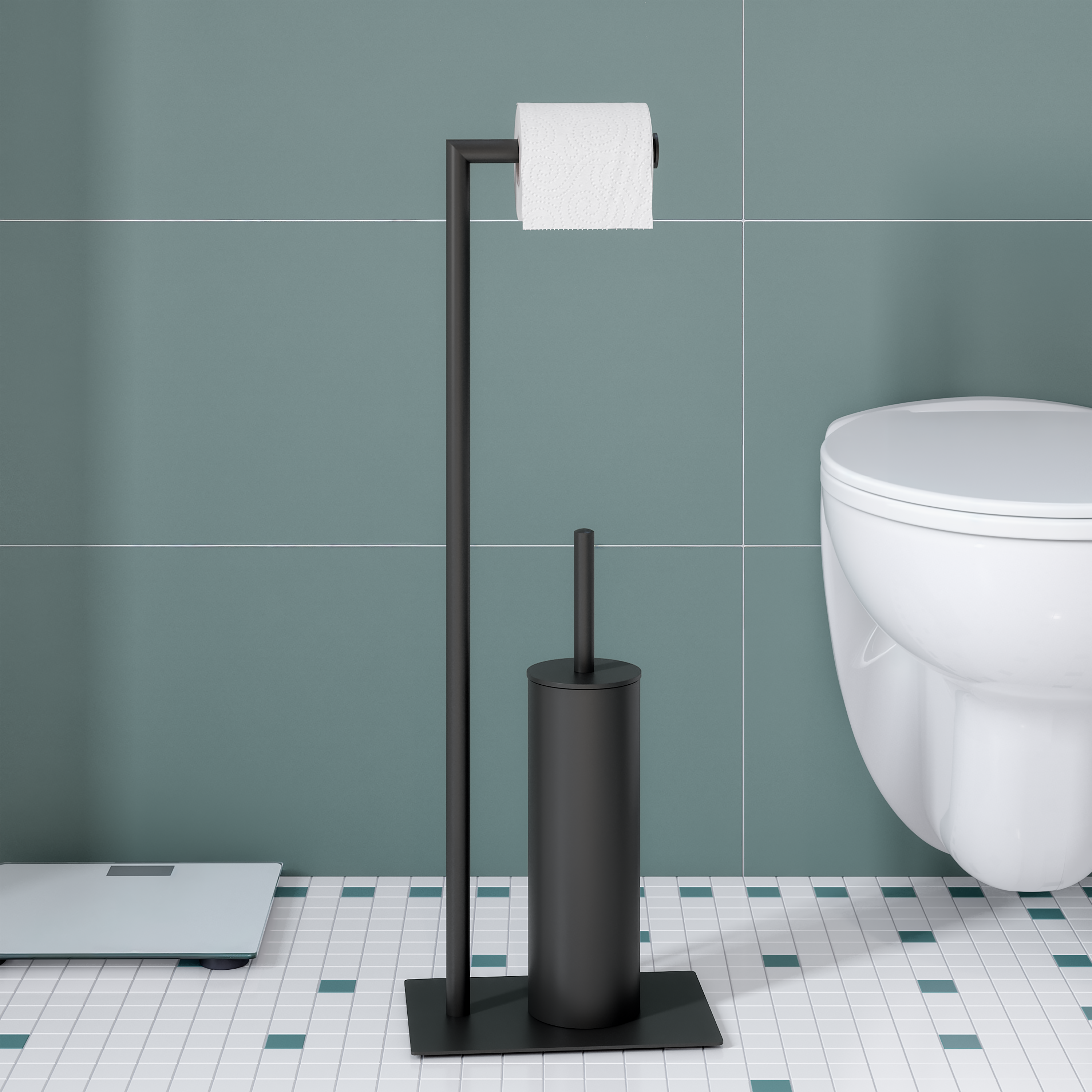 Portarrollo de papel higiénico de pie con escobillero Essential negro - 3