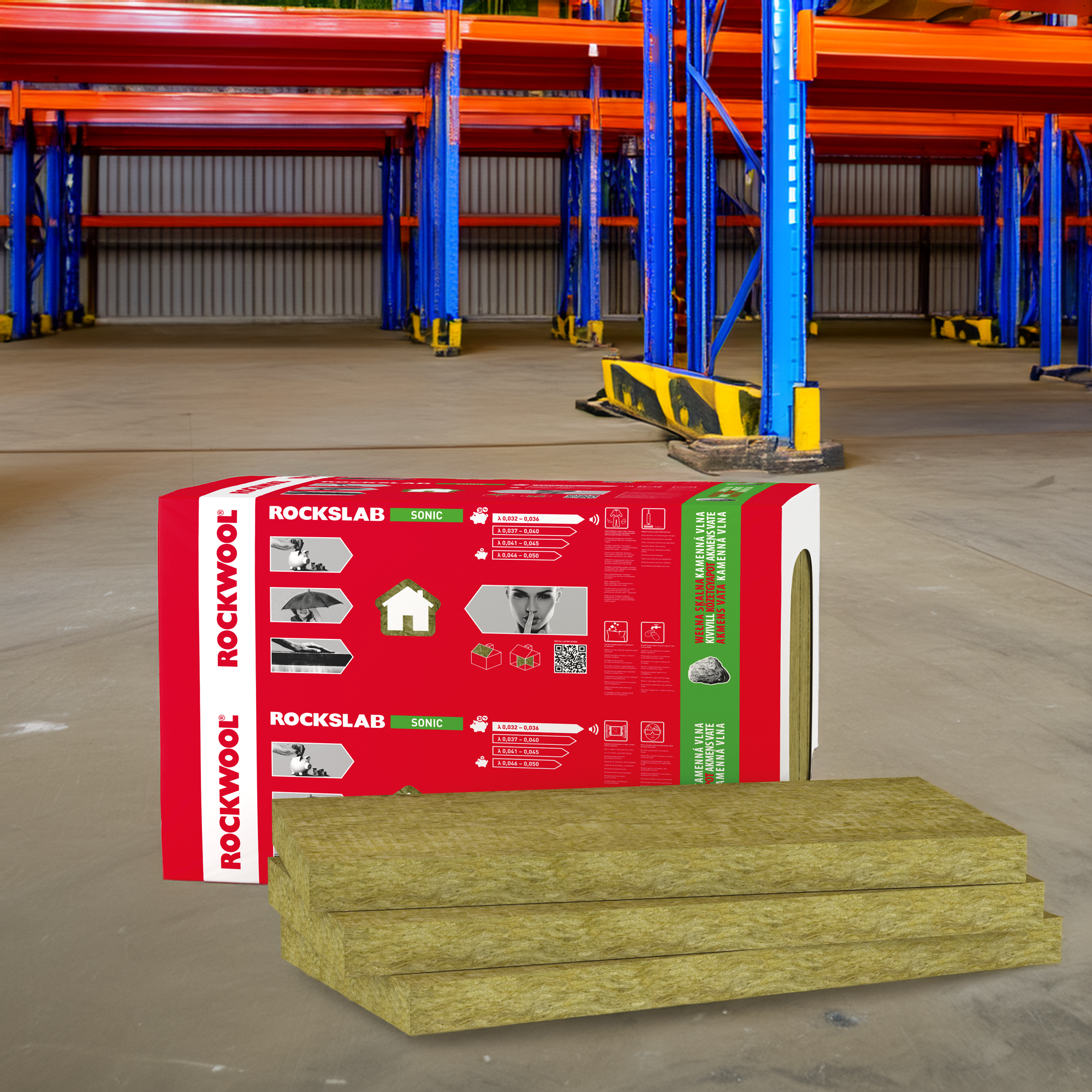 Wełna skalna Rockwool Rockslab 50 mm w hali magazynowej.