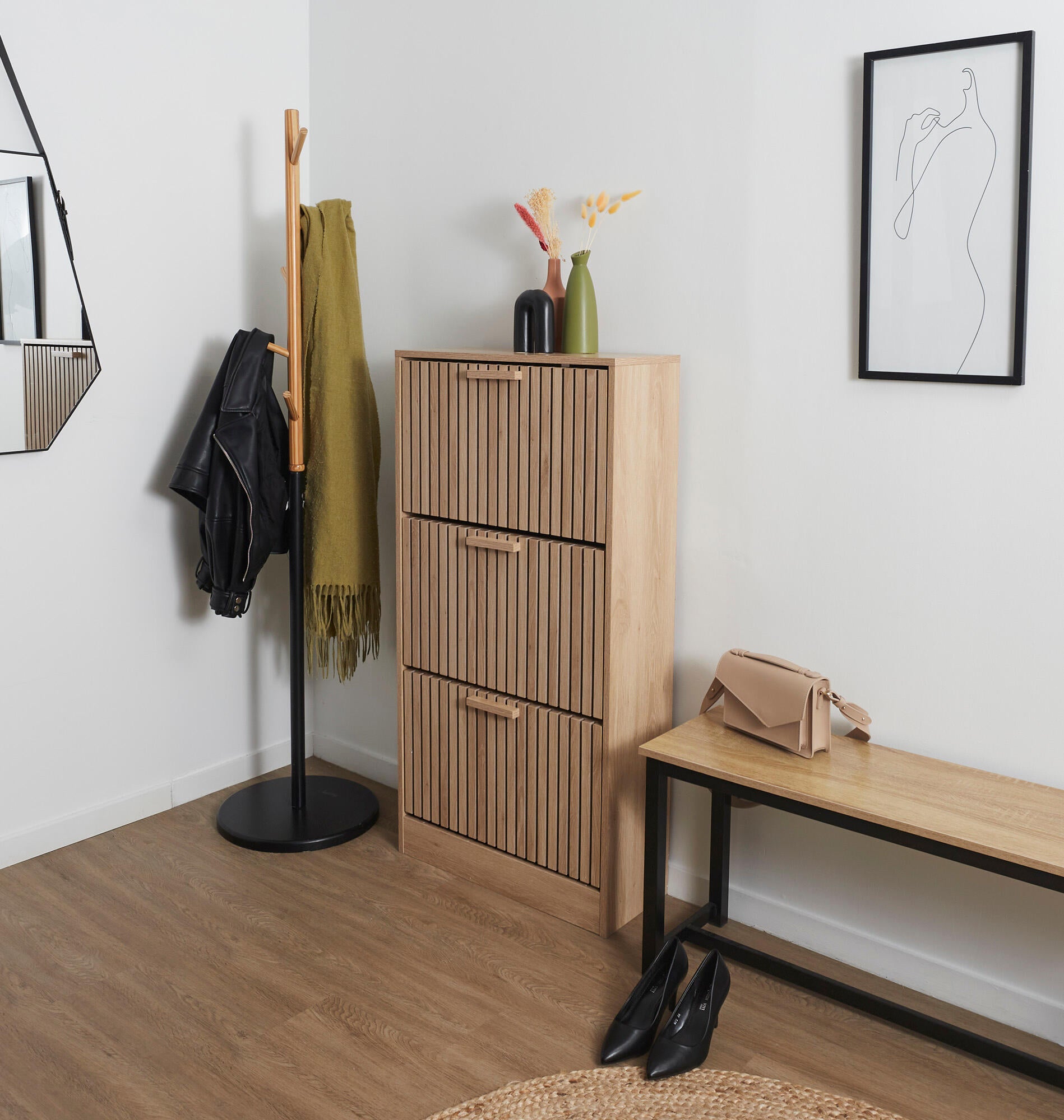 Zapatero Klaus con 3 compartimentos para 18 pares en melamina color marrón 24x113x60 cm - 5