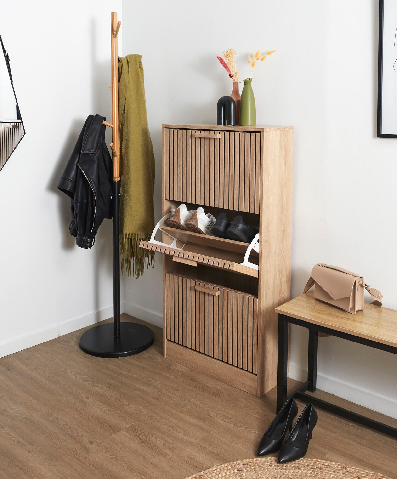 Zapatero Klaus con 3 compartimentos para 18 pares en melamina color marrón 24x113x60 cm - 3