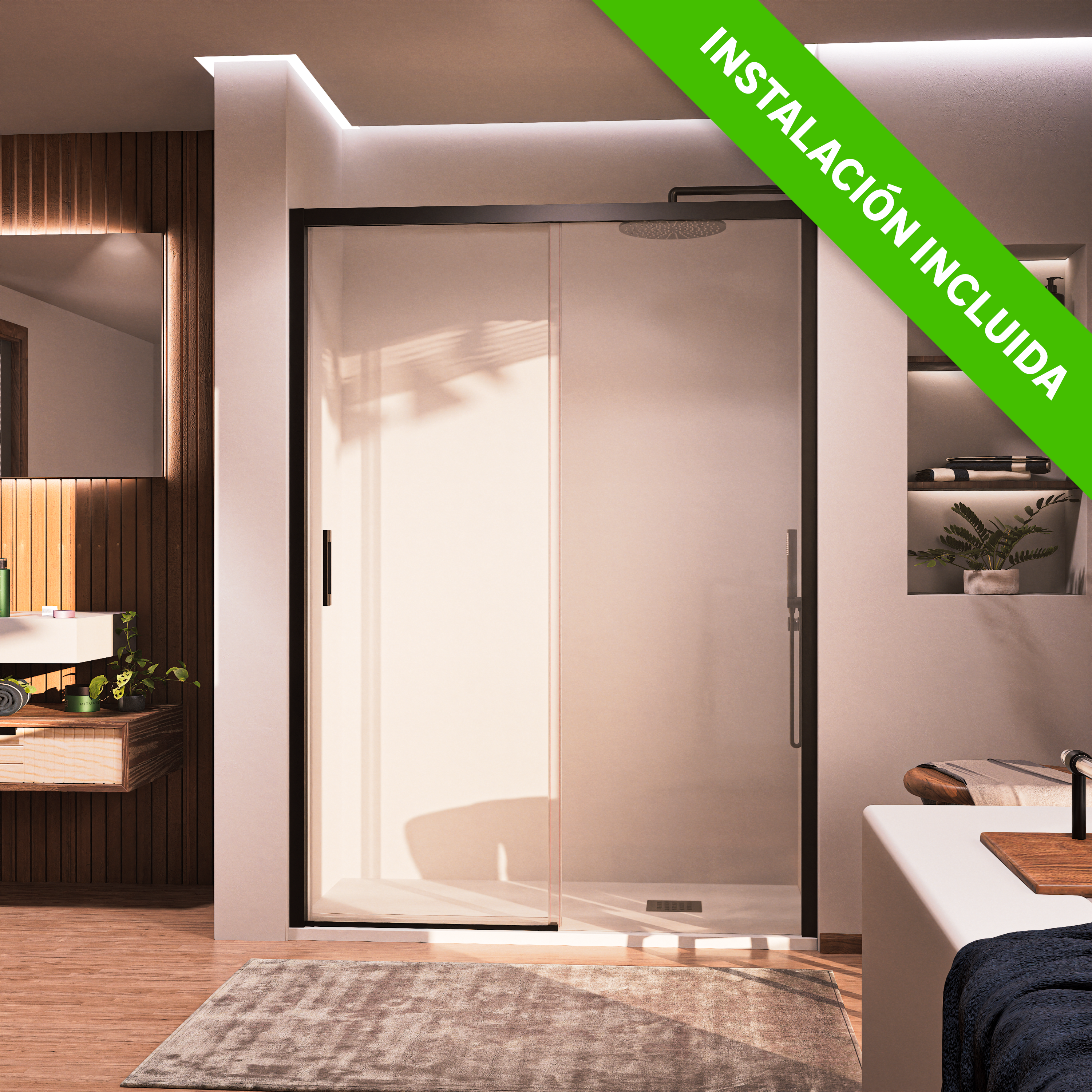 Mampara de ducha frontal 1 fijo + 1 puerta corredera transparente trend perfil aluminio negro (170-175)x195 cm cristal 6mm cierre magnético sin guía inferior marca doccia