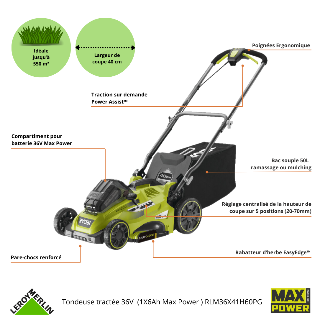 Tondeuse sur batterie RYOBI Rlm36x41h60pg 36V, 40cm, 1 batterie 6Ah - 2