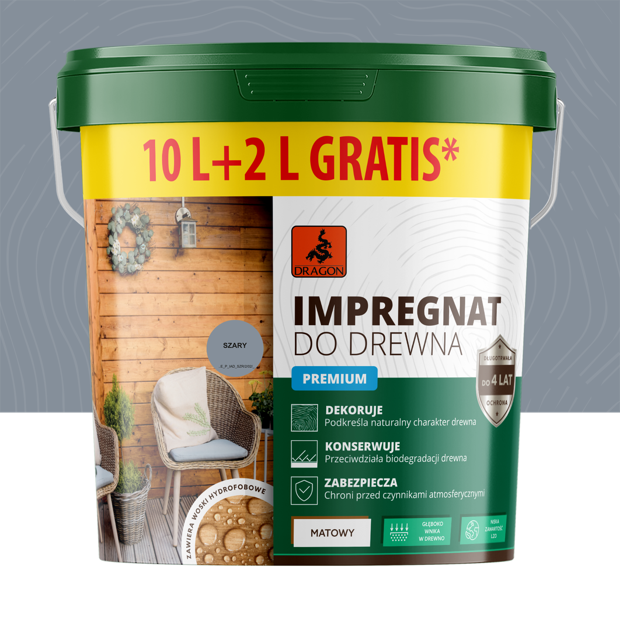 Impregnat akrylowy do drewna Szary 10 l + 20% Dragon