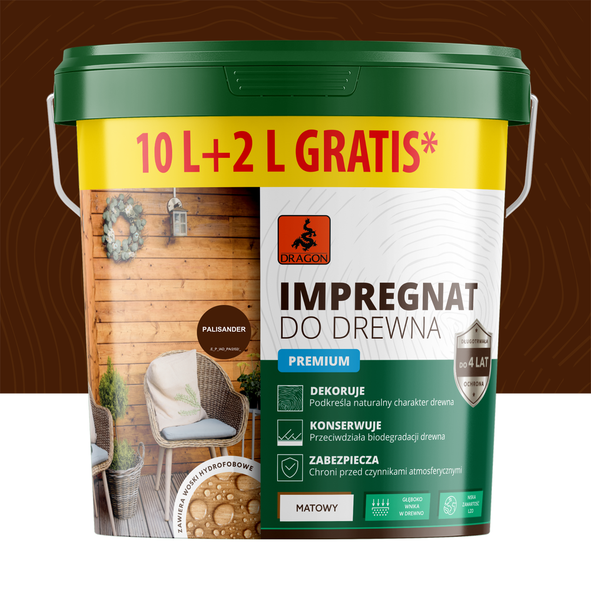 Impregnat akrylowy do drewna Palisander 10 l + 20% Dragon
