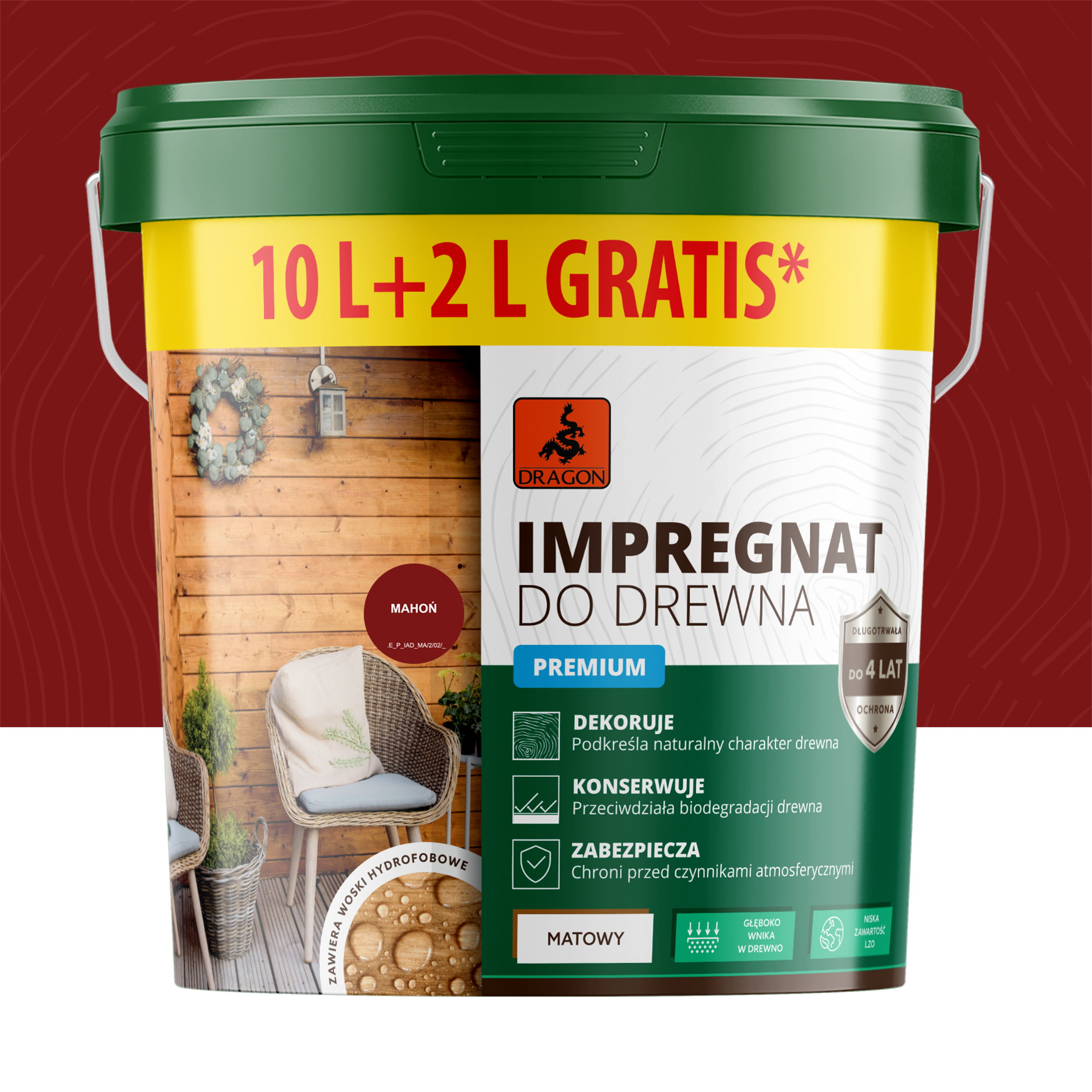 Impregnat akrylowy do drewna Mahoń 10 l + 20% Dragon