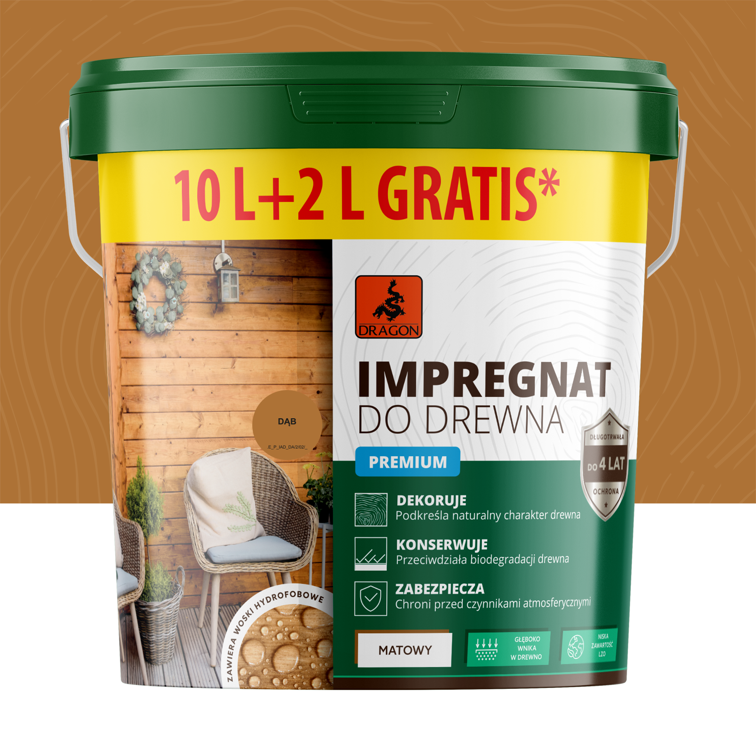 Impregnat akrylowy do drewna Dąb 10 l + 20% Dragon