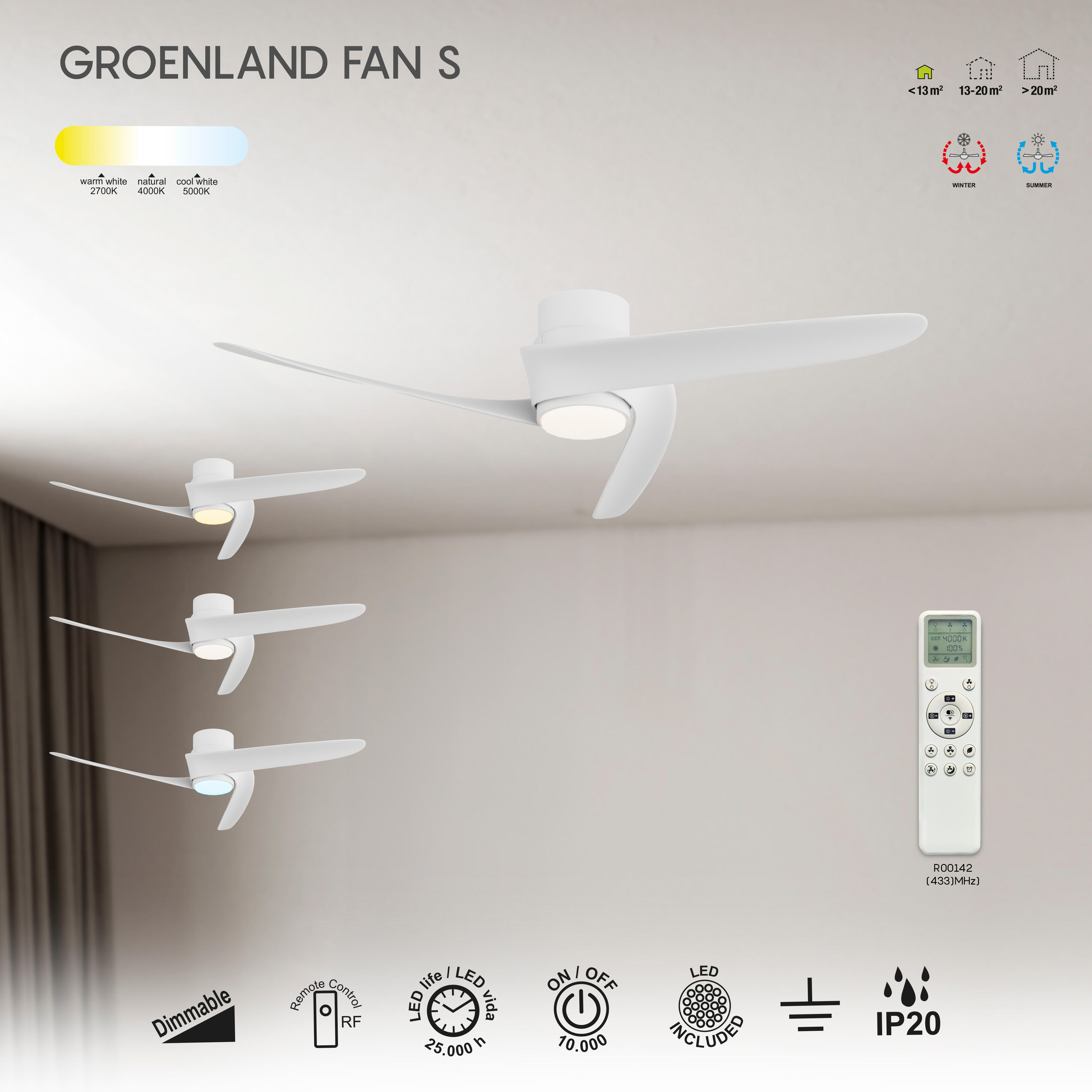 Ventilador de techo con luz silencioso DC 30W con mando WiFi/ APP ø102 cm Mantra Groenland blanco luz CCT 3 aspas| 8 velocidades| modo verano/invierno| brisa| recomendado para <13m² - 6