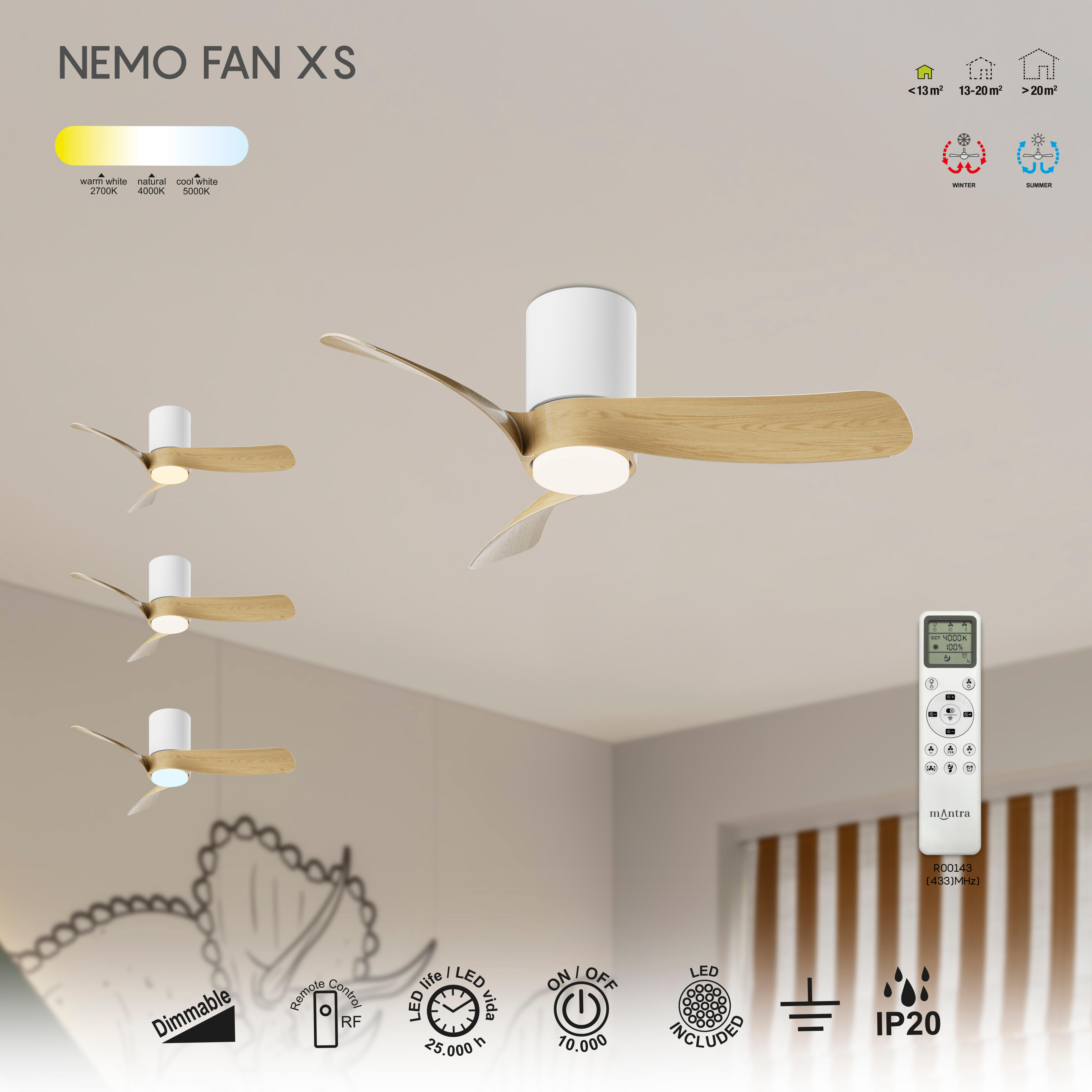 Ventilateur de plafond LED silencieux, Nemo mini, 72 cm, MANTRA, blanc et chêne - 2
