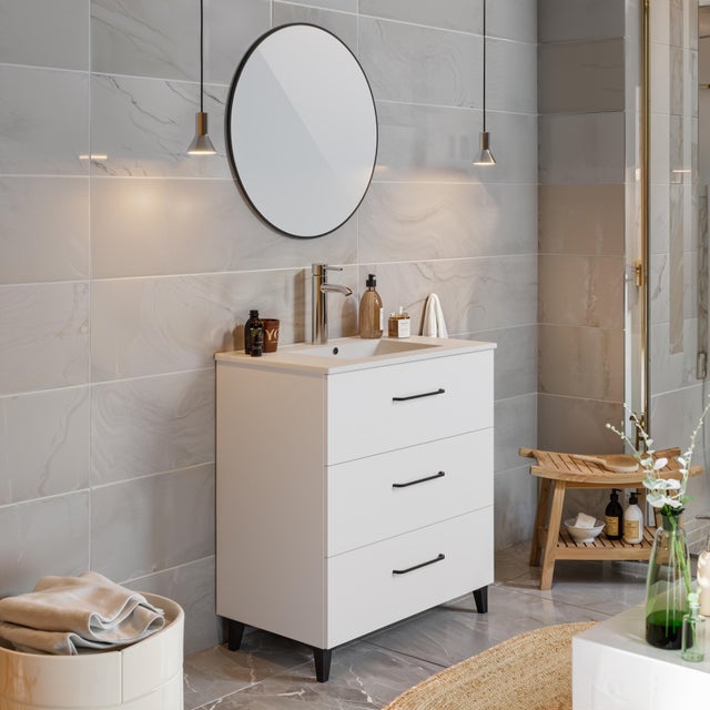 Ensemble meuble de salle de bains sur pieds 3 tiroirs blanc l.81 x P.46  x H.90 cm + simple vasque blanche + miroir - Tristan