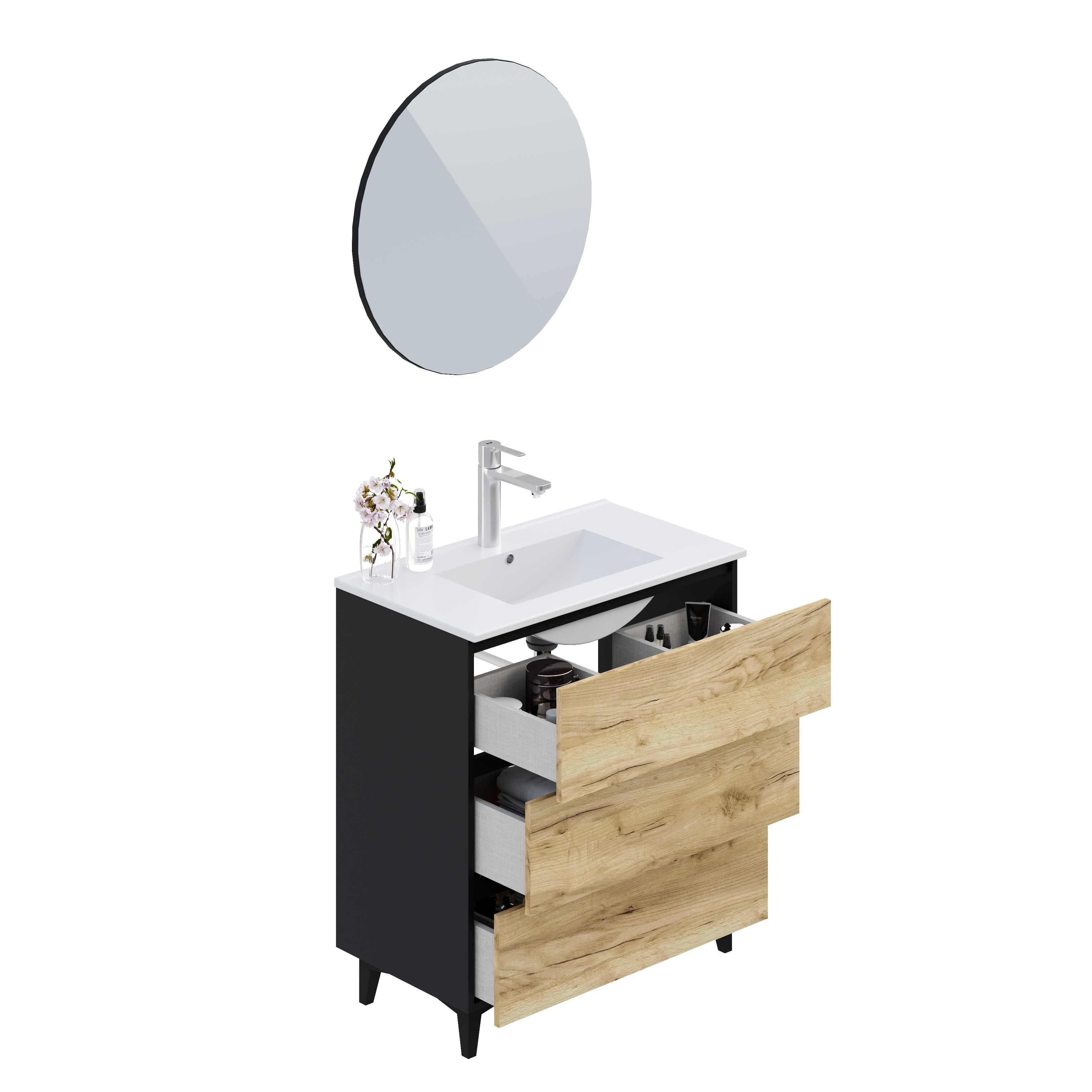 Ensemble meuble de salle de bains sur pieds 3 tiroirs noir et chêne rustic l.81 x P.46 cm x H.88 cm + simple vasque blanche + miroir rond - Karel - 7