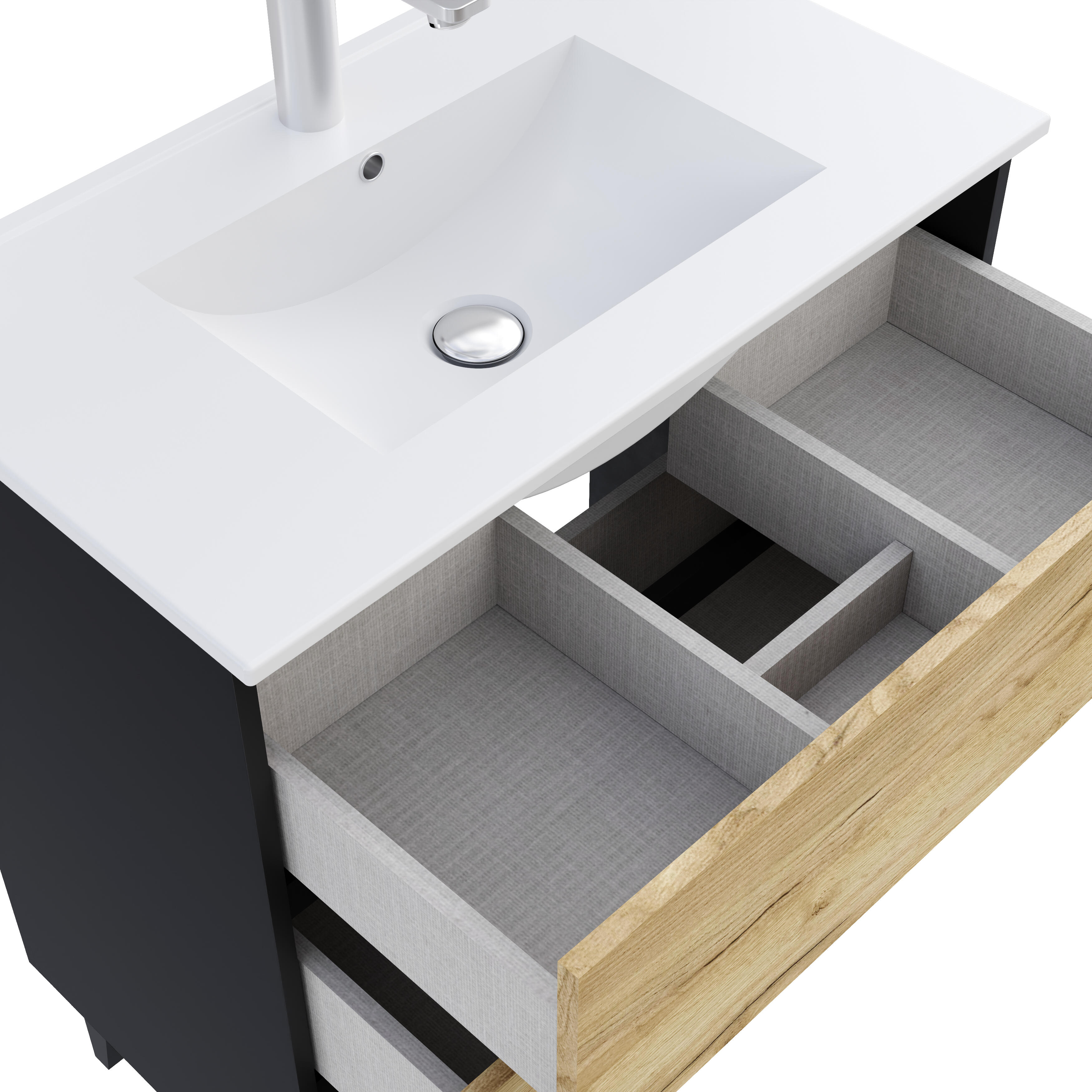 Ensemble meuble de salle de bains sur pieds 3 tiroirs noir et chêne rustic l.81 x P.46 cm x H.88 cm + simple vasque blanche + miroir rond - Karel - 5