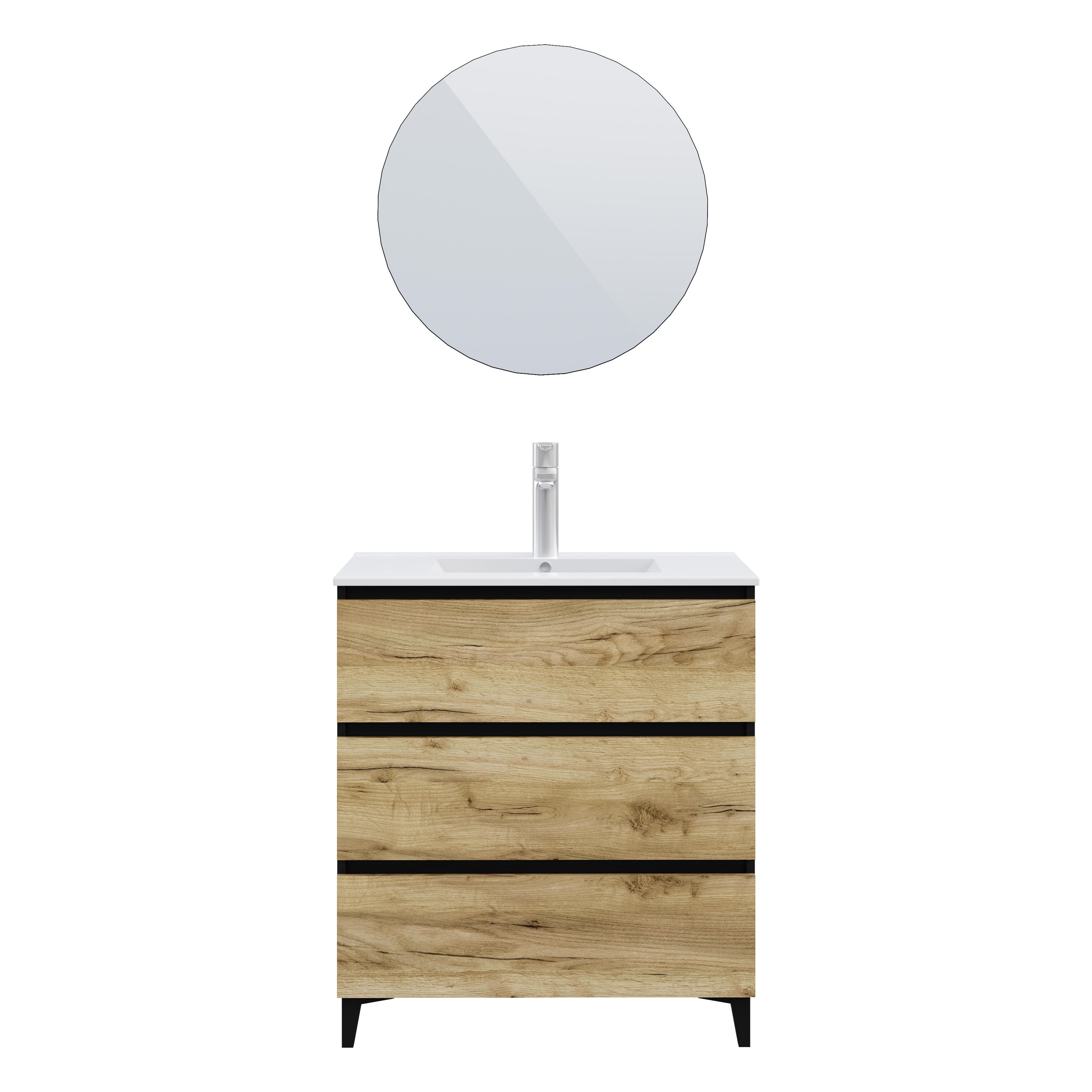 Ensemble meuble de salle de bains sur pieds 3 tiroirs noir et chêne rustic l.81 x P.46 cm x H.88 cm + simple vasque blanche + miroir rond - Karel - 2