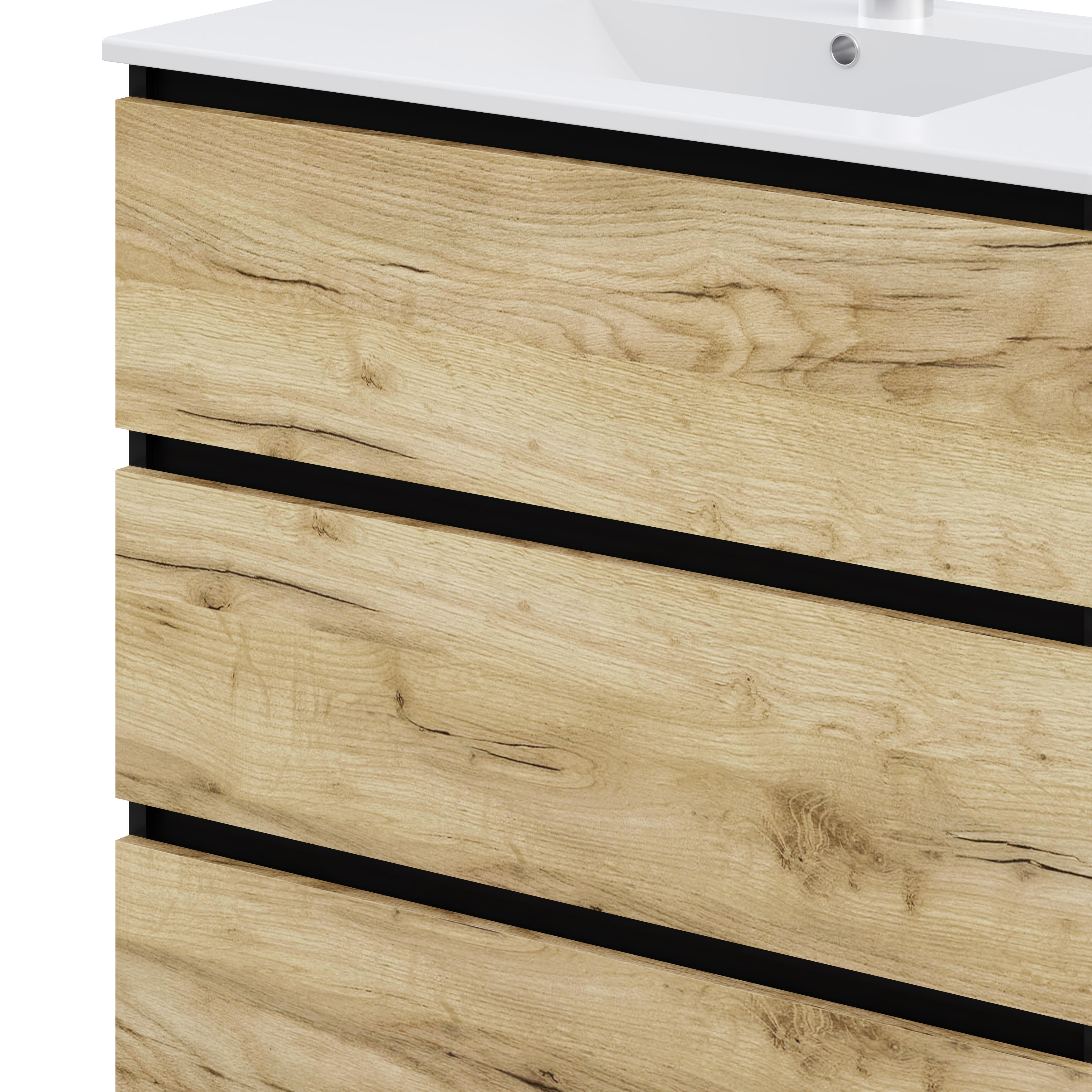 Ensemble meuble de salle de bains sur pieds 3 tiroirs noir et chêne rustic l.81 x P.46 cm x H.88 cm + simple vasque blanche + miroir rond - Karel - 3