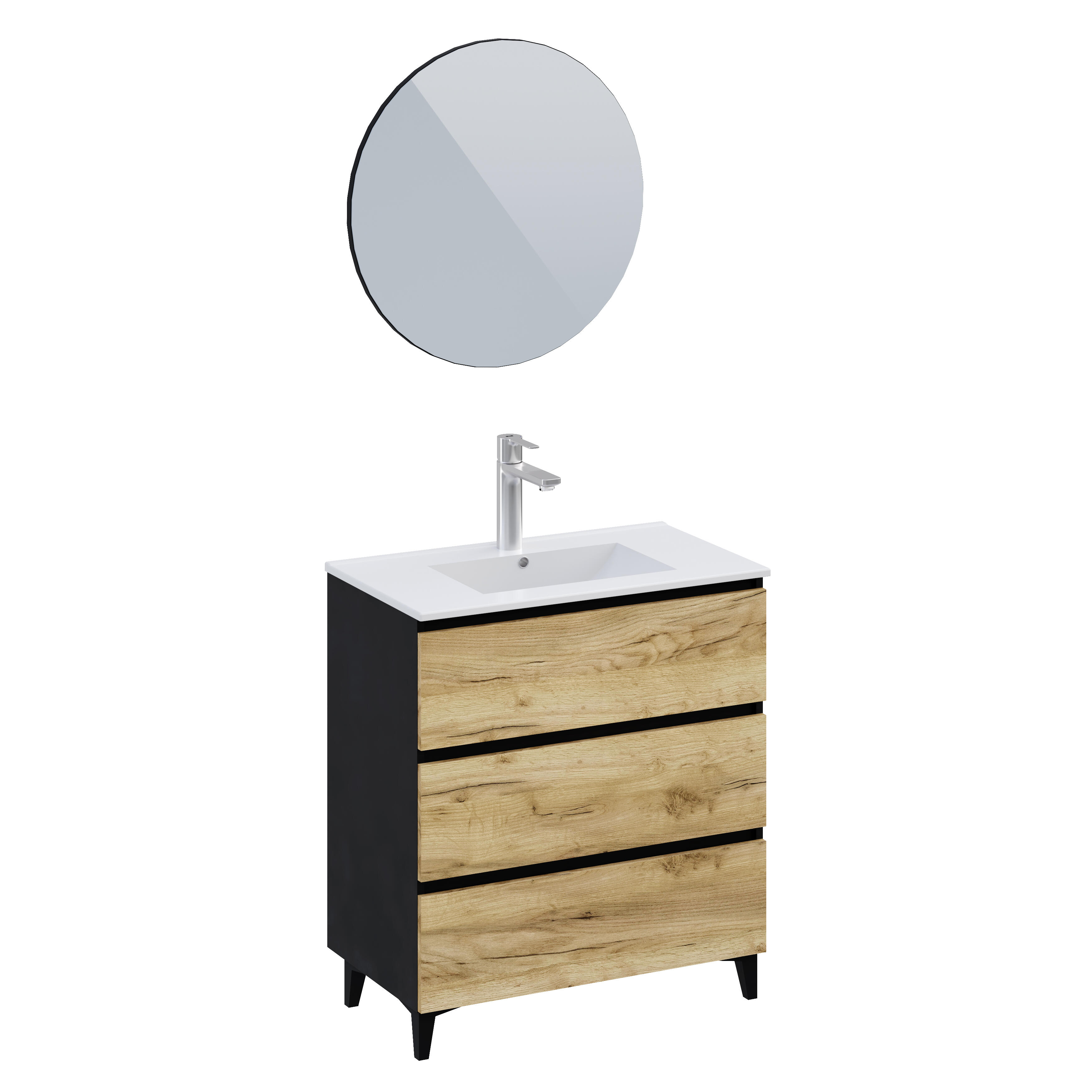 Ensemble meuble de salle de bains sur pieds 3 tiroirs noir et chêne rustic l.81 x P.46 cm x H.88 cm + simple vasque blanche + miroir rond - Karel - 6