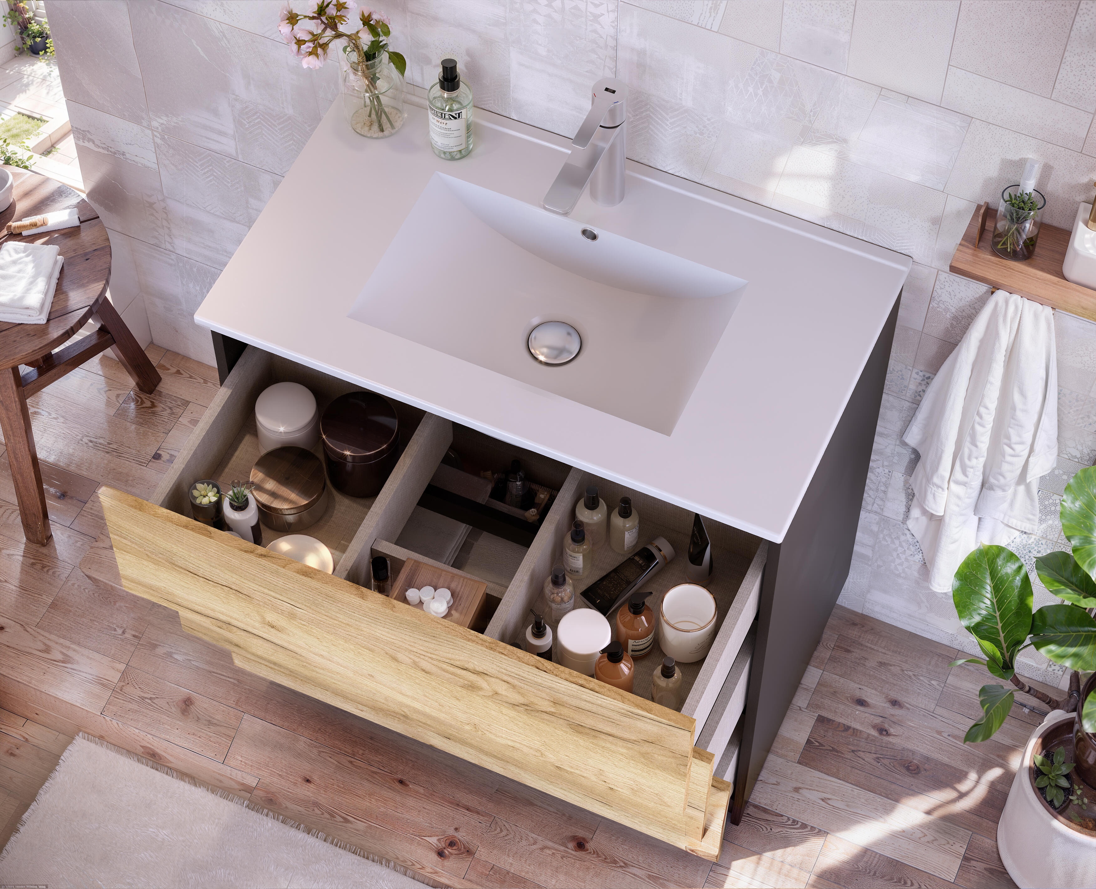 Ensemble meuble de salle de bains sur pieds 3 tiroirs noir et chêne rustic l.81 x P.46 cm x H.88 cm + simple vasque blanche + miroir rond - Karel - 4