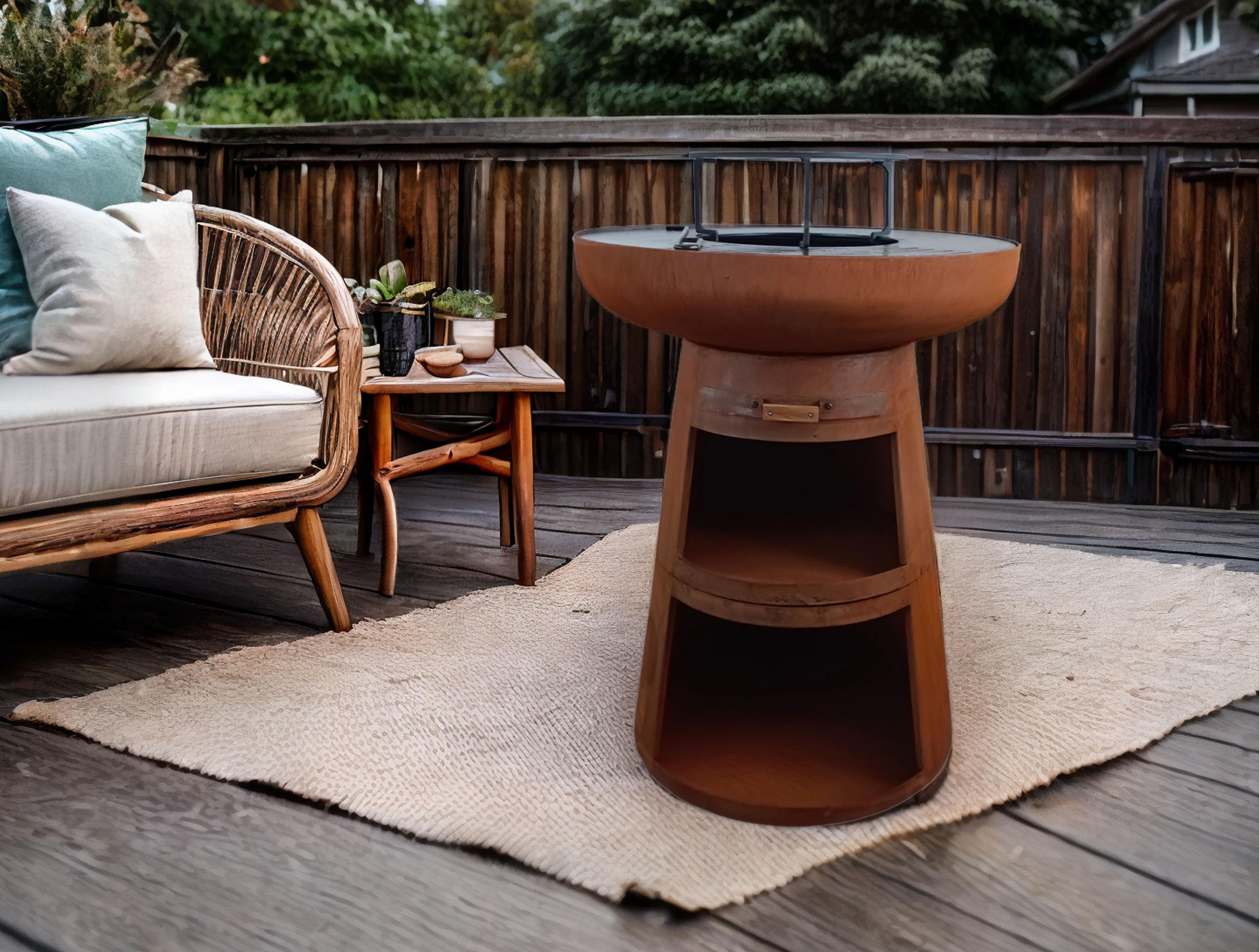 Barbecue redondo em aço corten com prancha e grelha - 4