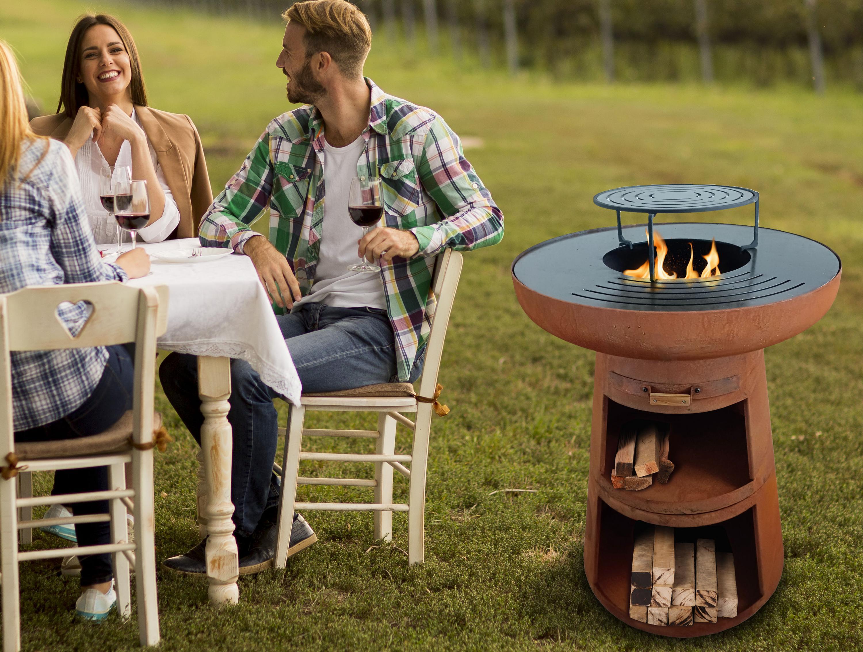 Barbecue redondo em aço corten com prancha e grelha - 5