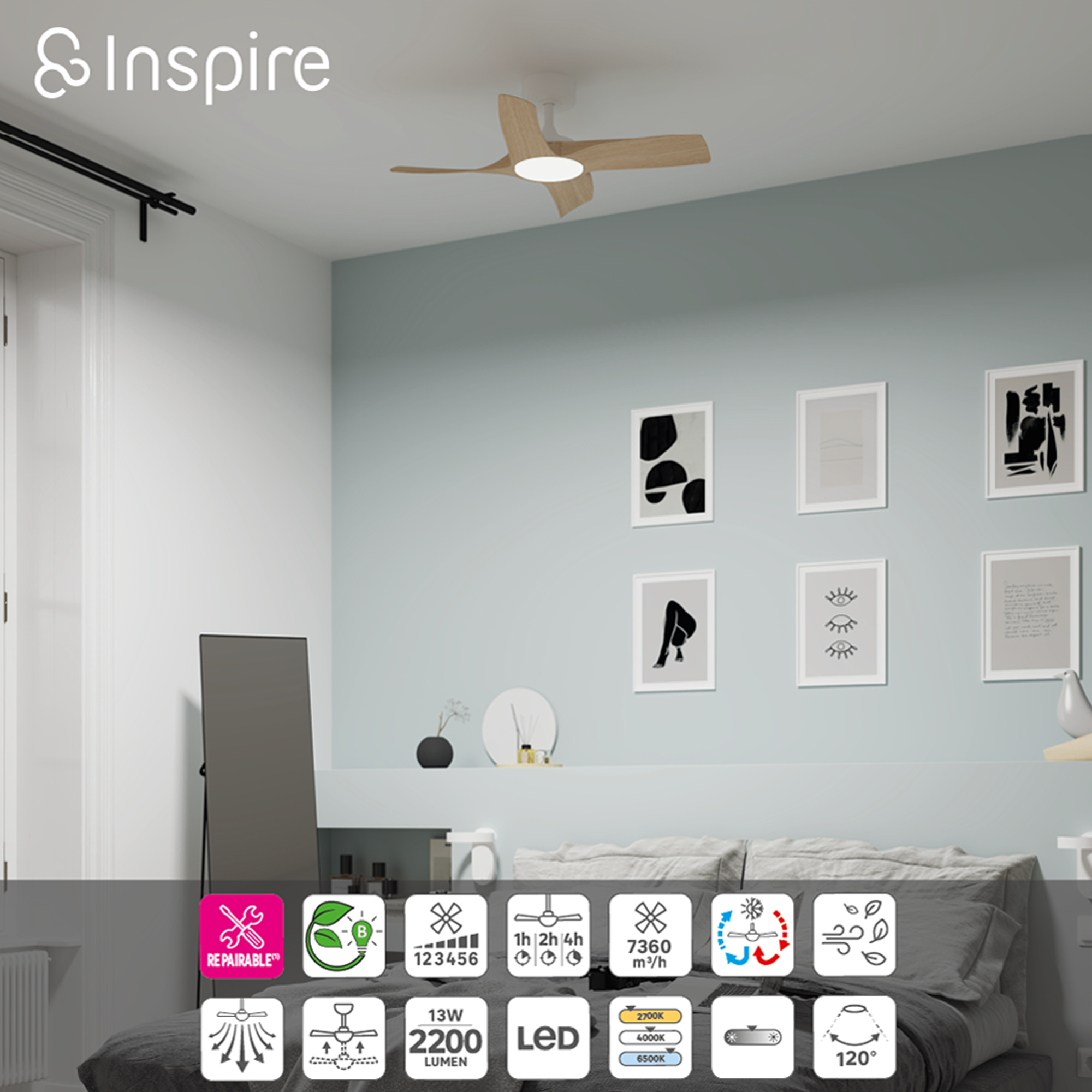Ventilador de techo con luz silencioso DC 32W con mando ø91 cm Siroco Plus INSPIRE beige luz CCT 4 aspas| 6 velocidades| modo verano/invierno| brisa| temporizador| recomendado para <13m² - 3
