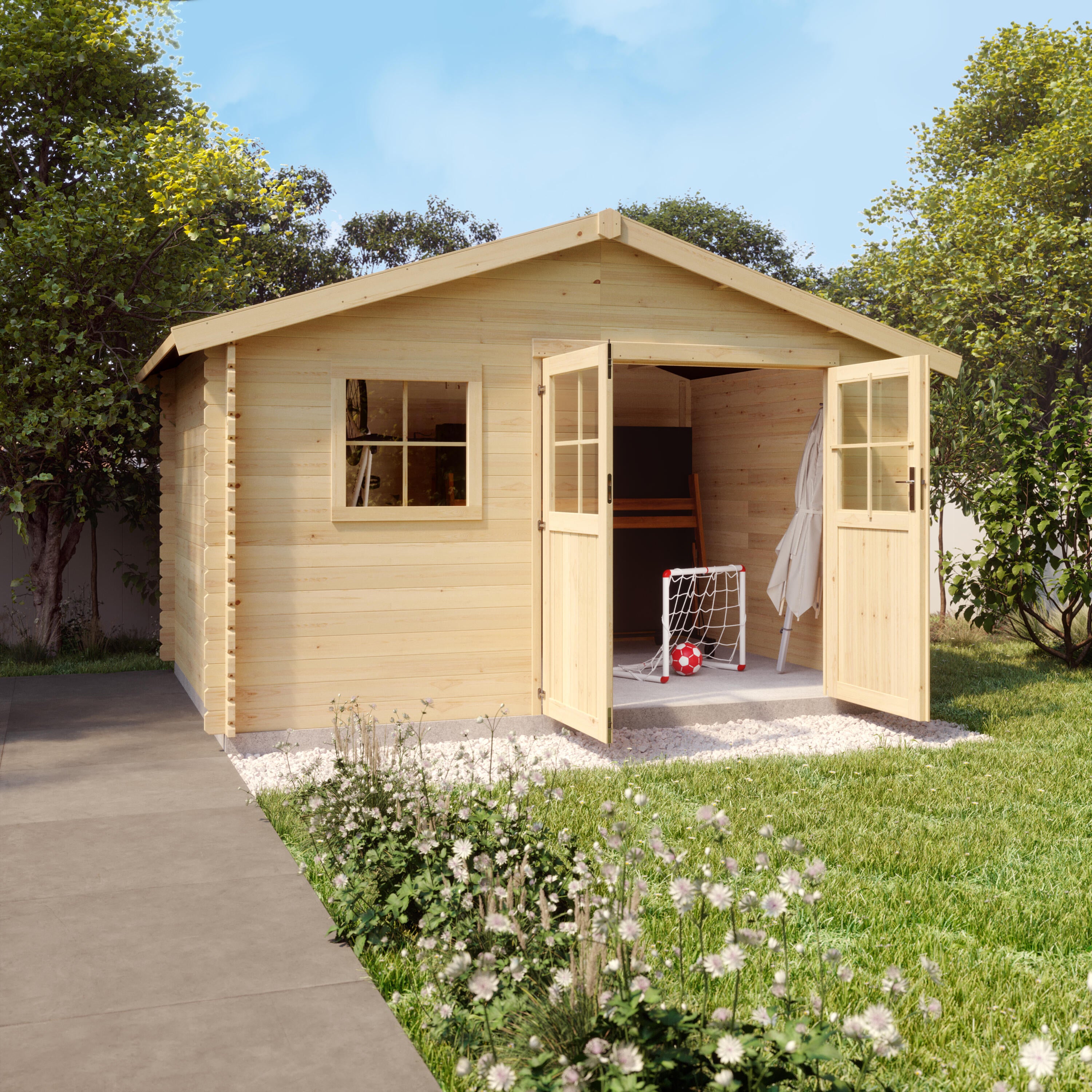 Caseta de madera Eiger de 429.7x257x302.5 cm y 11.86 m2 con 34 mm espesor y doble puerta abatible NATERIAL - 3