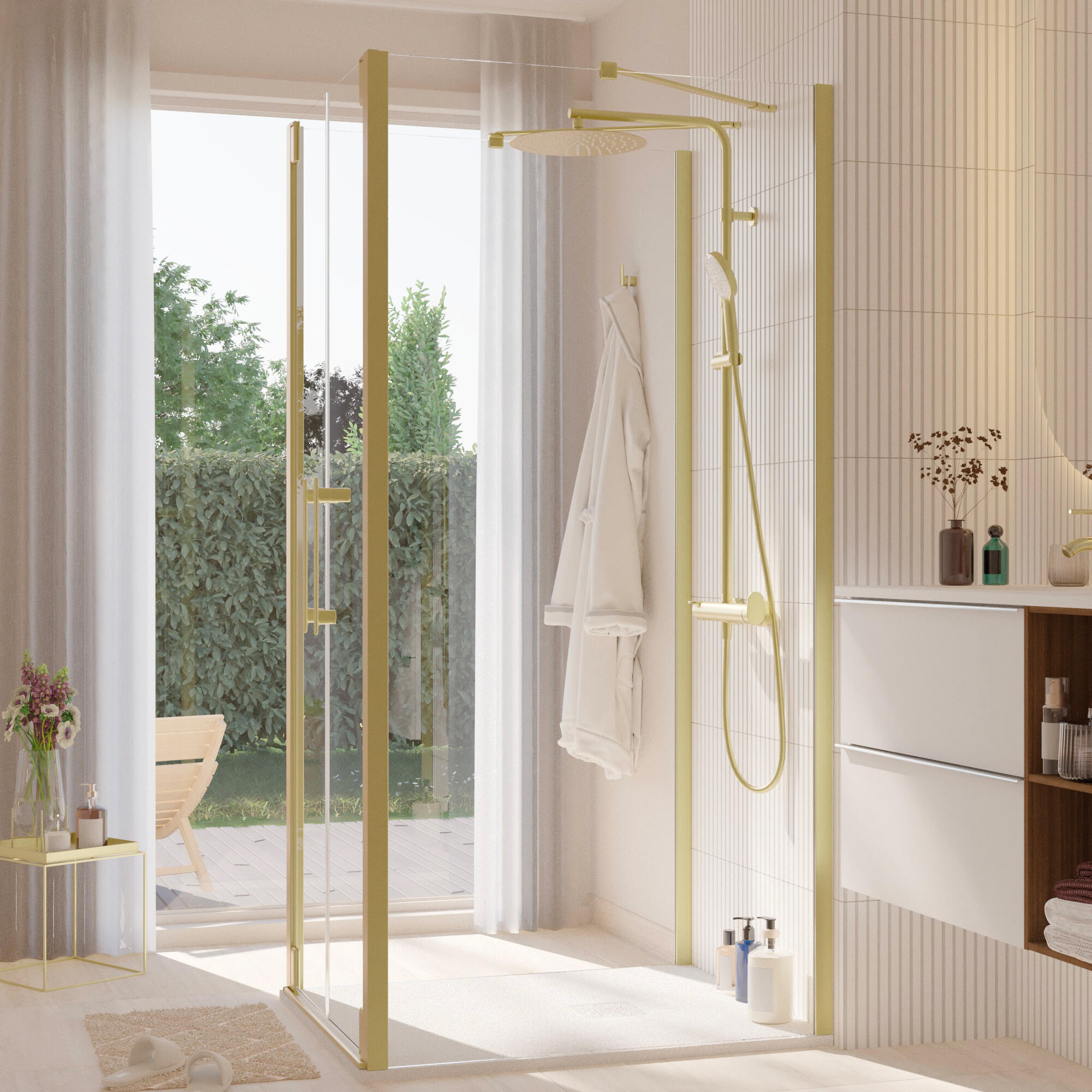 Porte de douche battante vitrage transparent, doré l.70cm Remix - 5