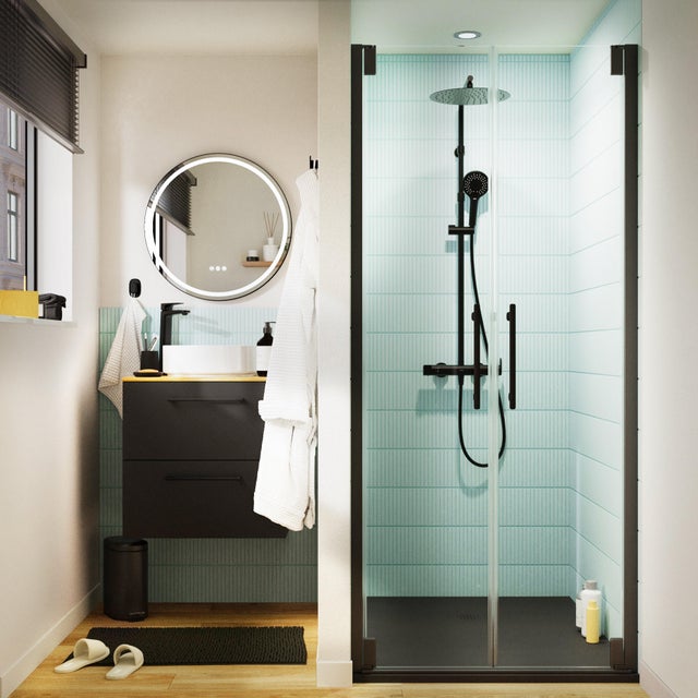 Porte de douche battante vitrage transparent, noir l.80cm Remix