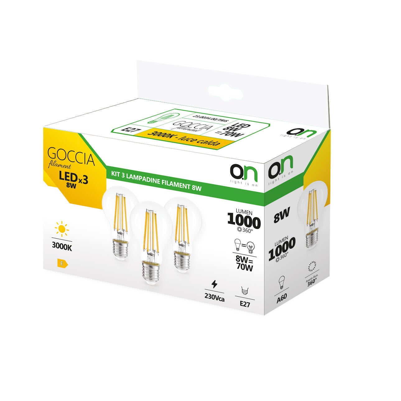 Set da 3 lampadine LED filamento, E27 goccia, trasparente, luce calda, 7W = 1000 LM (equiv 70 W), 360°, ON - 2