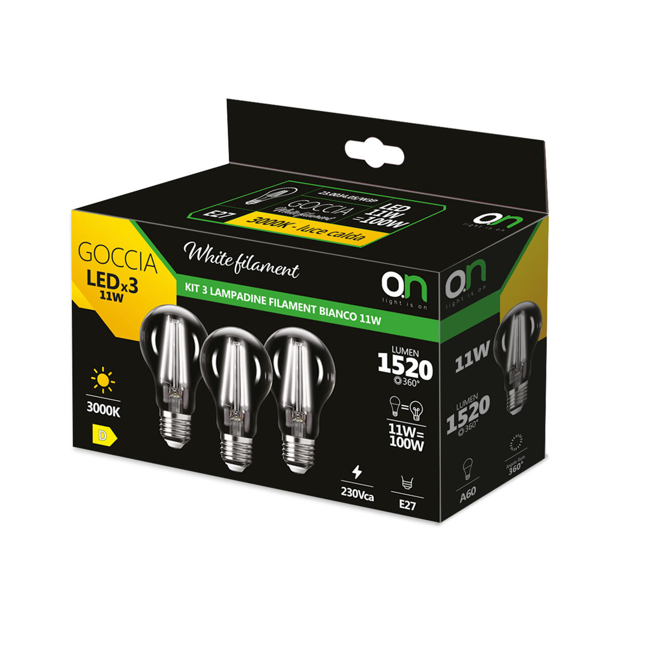 Set da 3 lampadine LED filamento, E27 goccia, opaco, luce calda, 11W = 1521 LM (equiv 100 W), 360°, ON - 2