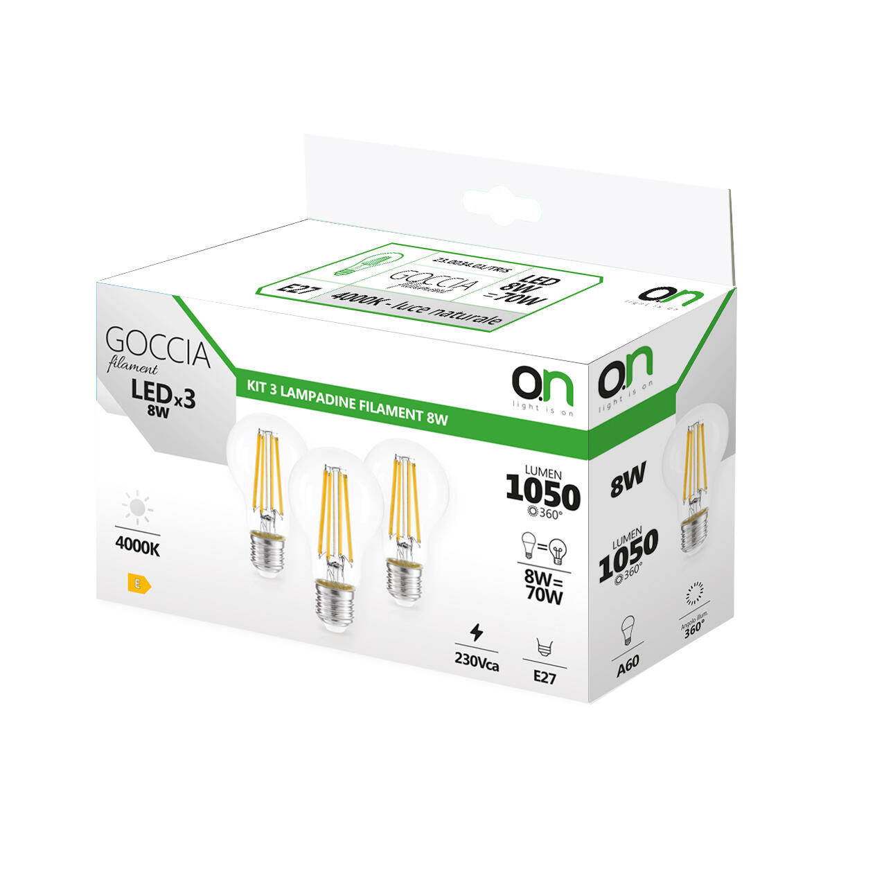 Set da 3 lampadine LED filamento, E27 goccia, trasparente, luce naturale, 7W = 1055 LM (equiv 70 W), 360°, ON - 2