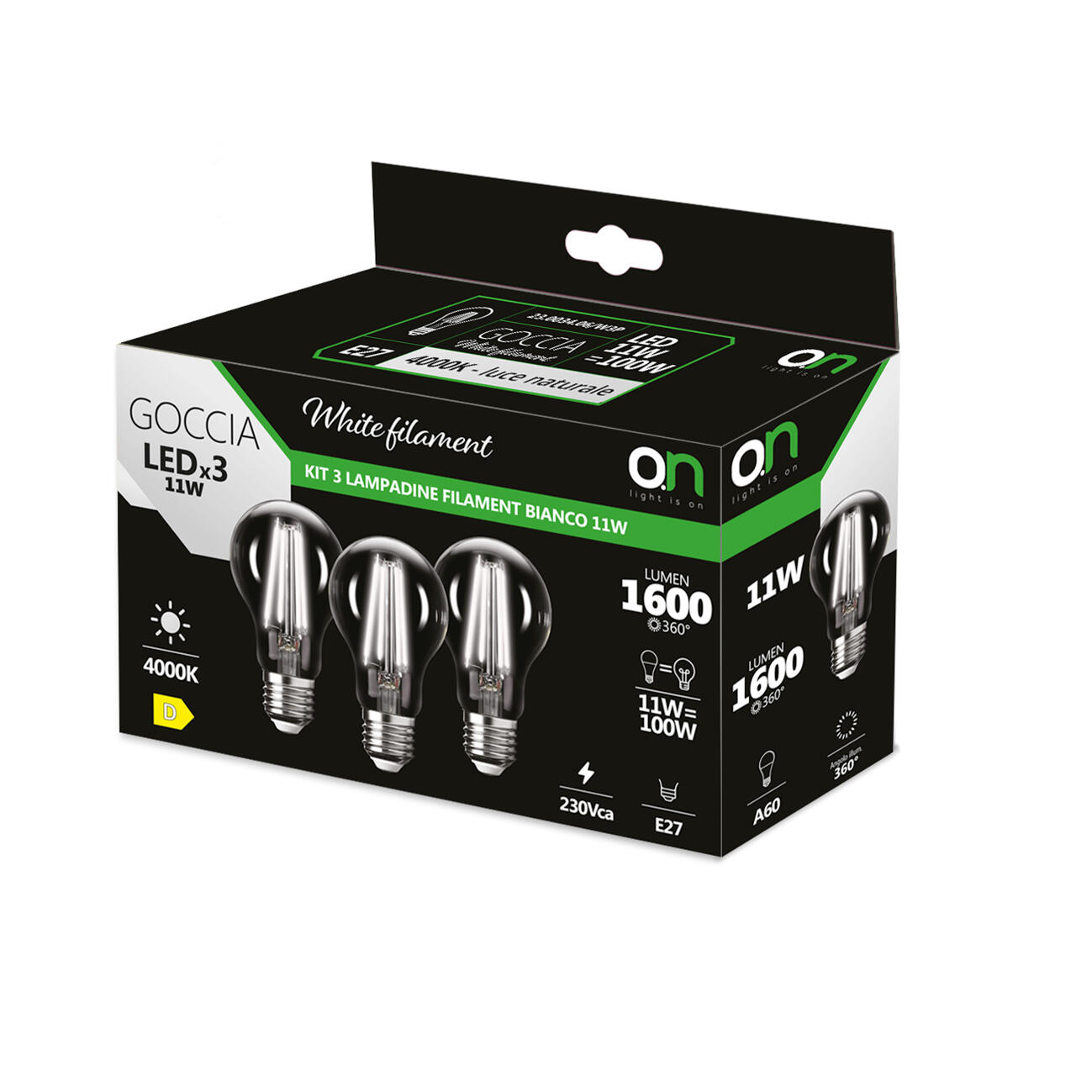 Set da 3 lampadine LED filamento, E27 goccia, opaco, luce naturale, 11W = 1540 LM (equiv 100 W), 360°, ON - 2