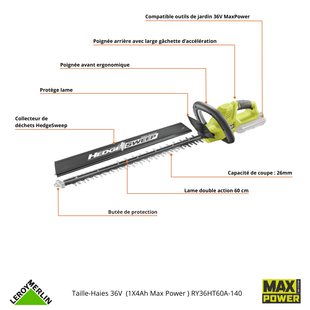 Taille-haie à batterie 36V RYOBI Ry36ht60a-140 L.60cm - 2