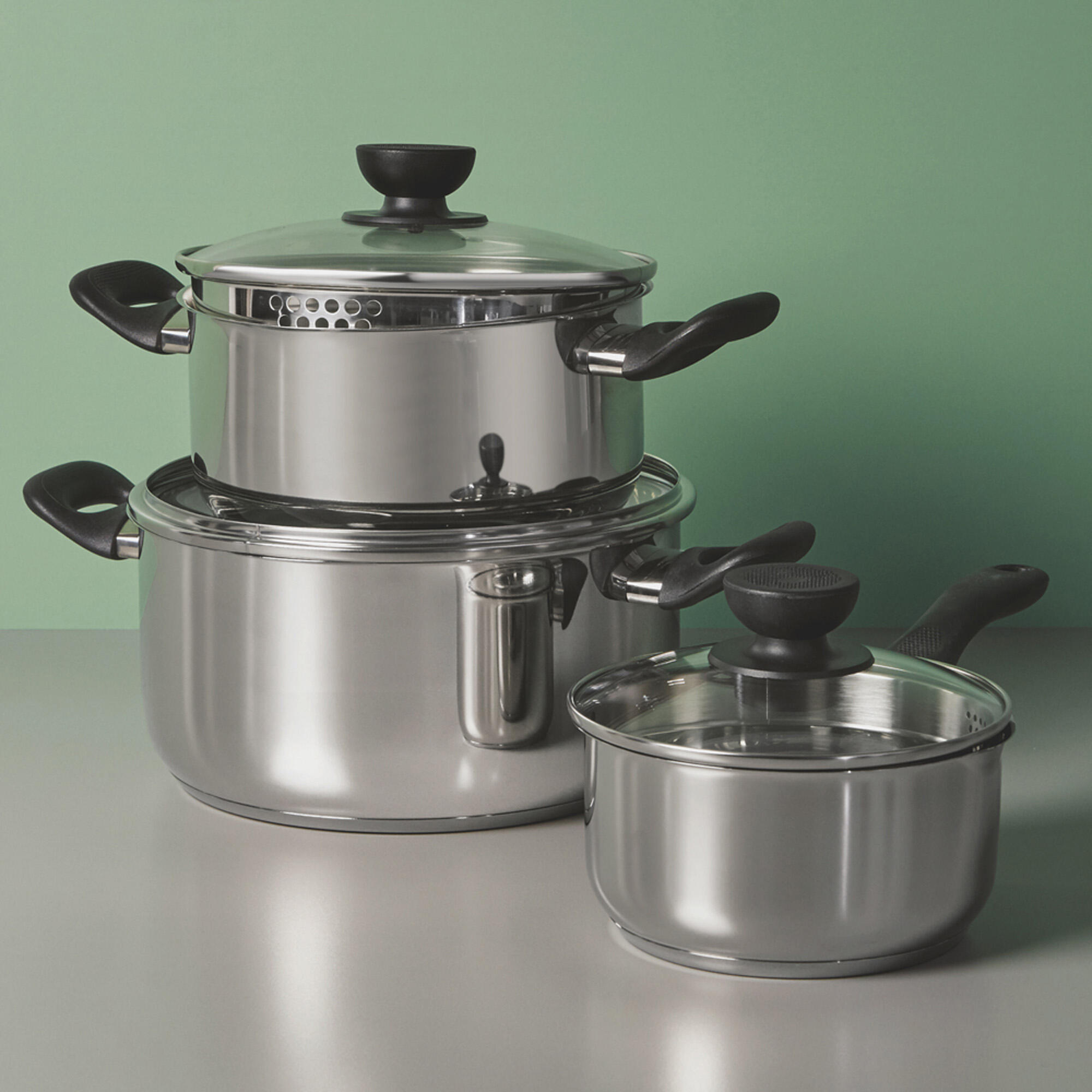 Bateria de cocina 3 piezas acero inoxidable con tapa de cristal - 5