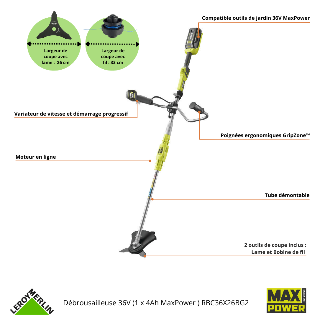Débroussailleuse à batterie RYOBI, Rbc36x26bg2-140 36V, l.26cm - 2