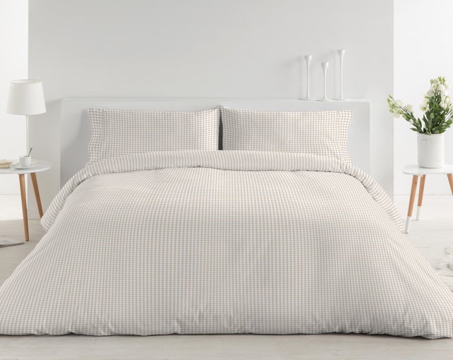 Funda nórdica + 1 funda de almohada Joy algodón percal 180 hilos cuadro vichy beige para cama de 105 cm