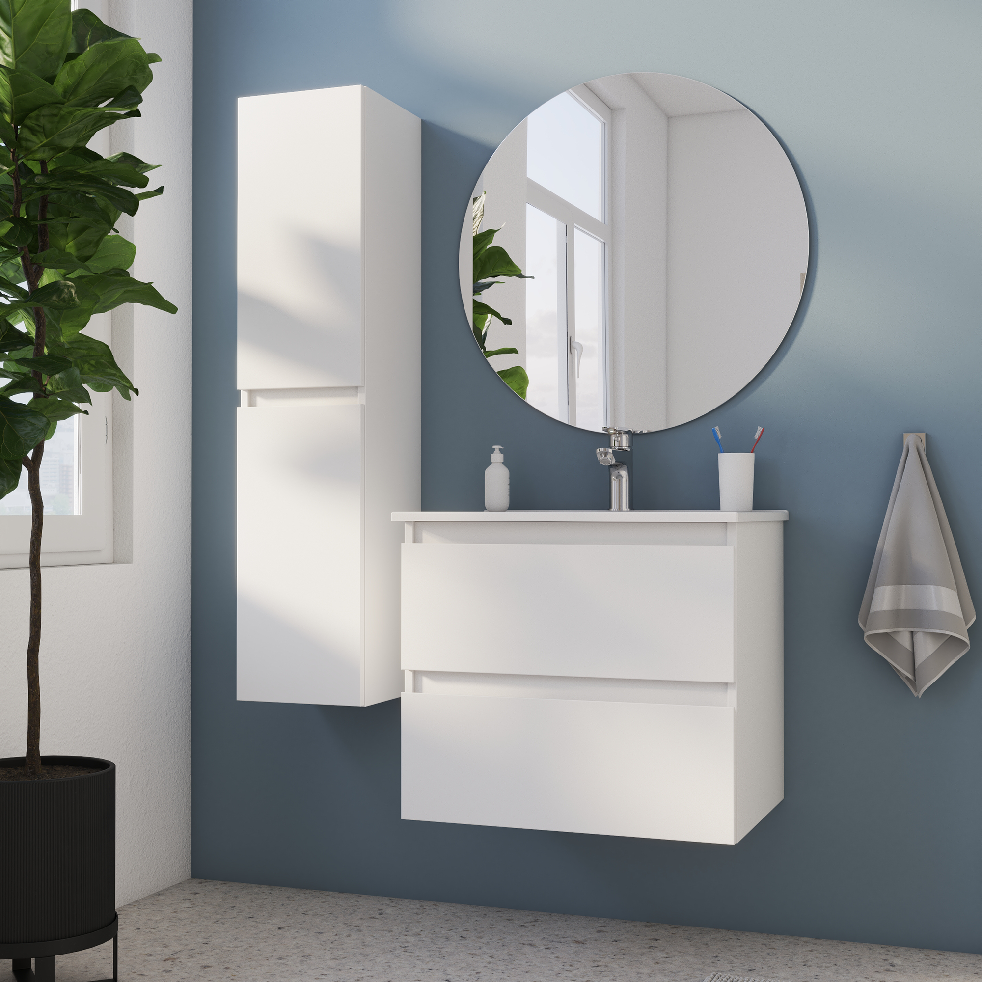 Móvel de casa de banho suspenso 2 gavetas 60x45x53 cm branco Sensea Essential - 2