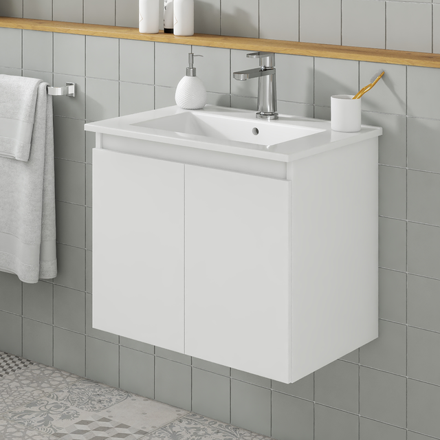 Meuble simple vasque, 2p l.60 x H.53 x P.44.6 cm, blanc mat, Essential 2