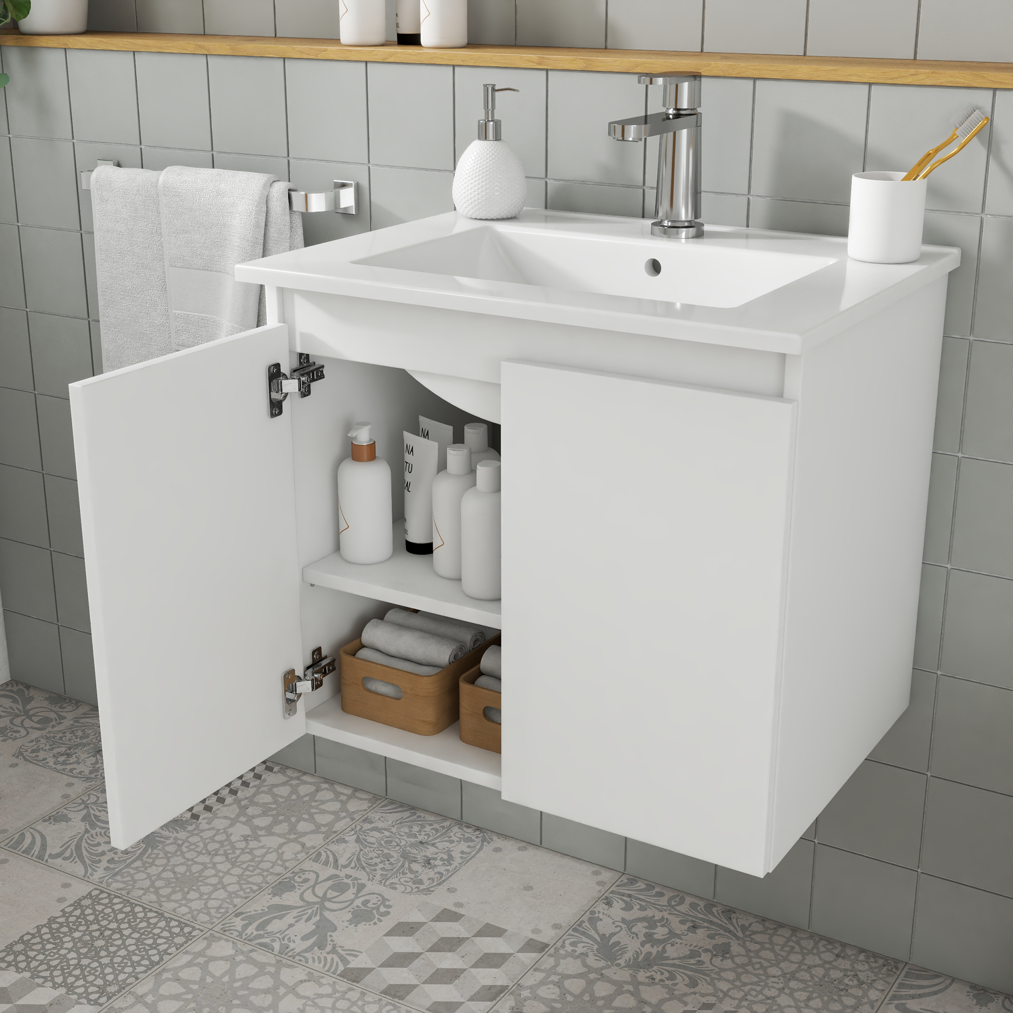 Mobile da bagno sospeso sotto lavabo L 60 x H 53 x P 45 cm bianco opaco, 2 ante SENSEA Essential - 7