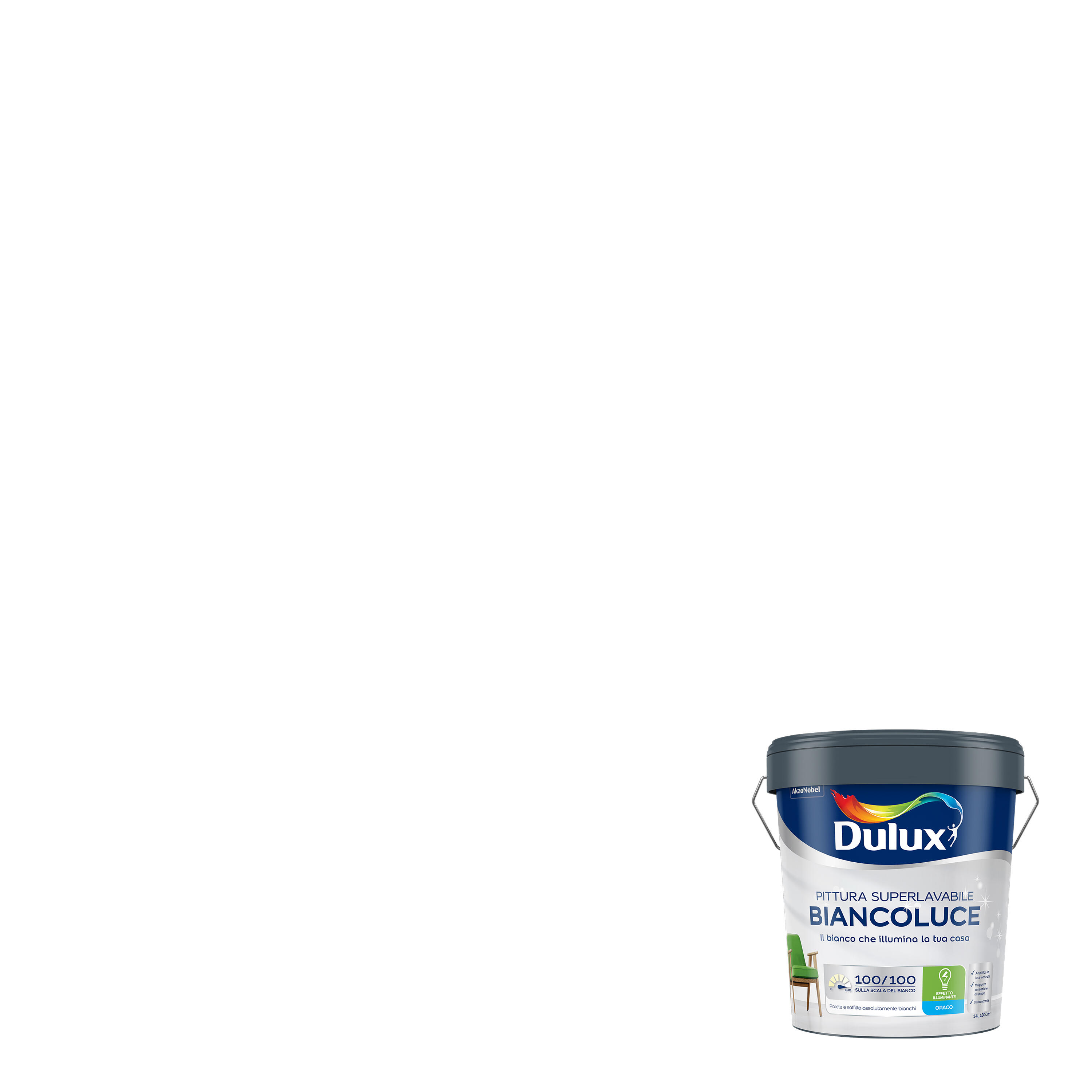 Pittura per interni per parete e soffitto super lavabile, DULUX Biancoluce bianco opaco, 14 L - 2