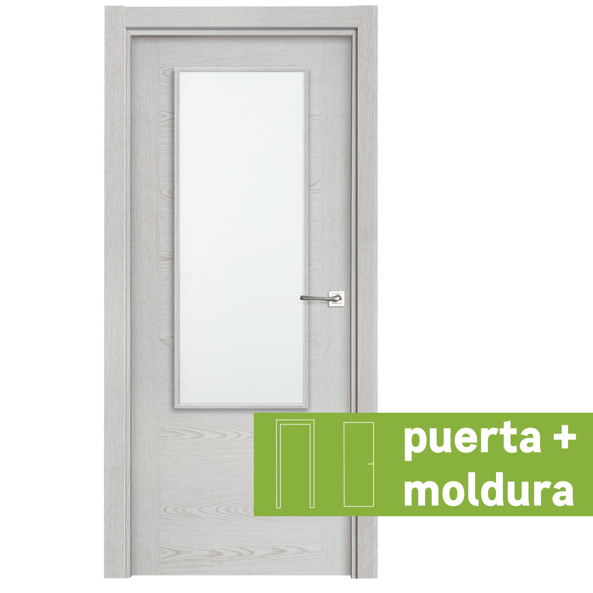 Pack puerta de interior abatible vidriera con cristal incluido hueca acabado impresion digital basic canarias blanco apertura izquierda cerco de 7x3 anchura 72.5 cm + kit de tapetas
