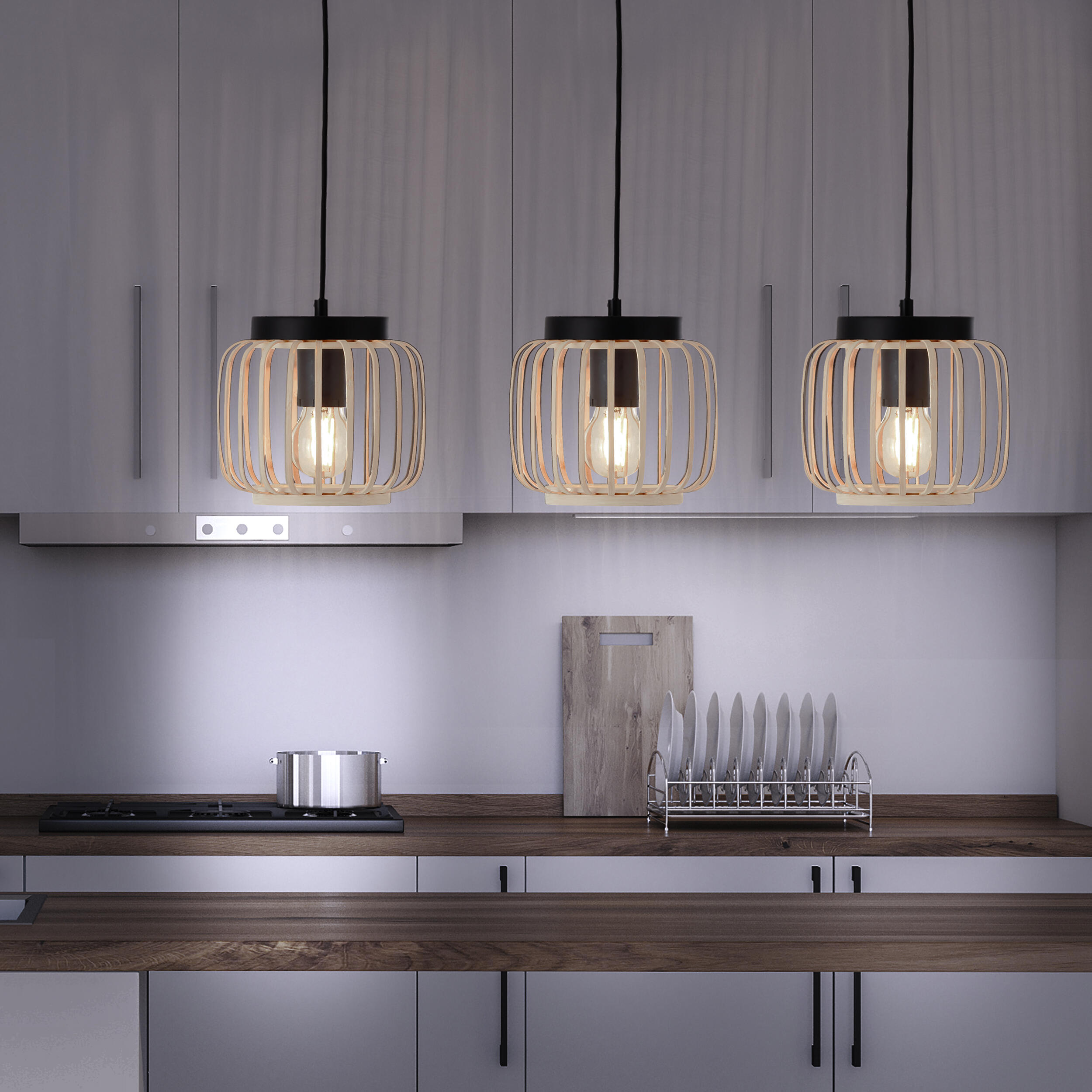 Candeeiro de teto suspenso INSPIRE PECAN E27 3 LÂMPADAS METAL MATE PRETO/BAMBU - 16