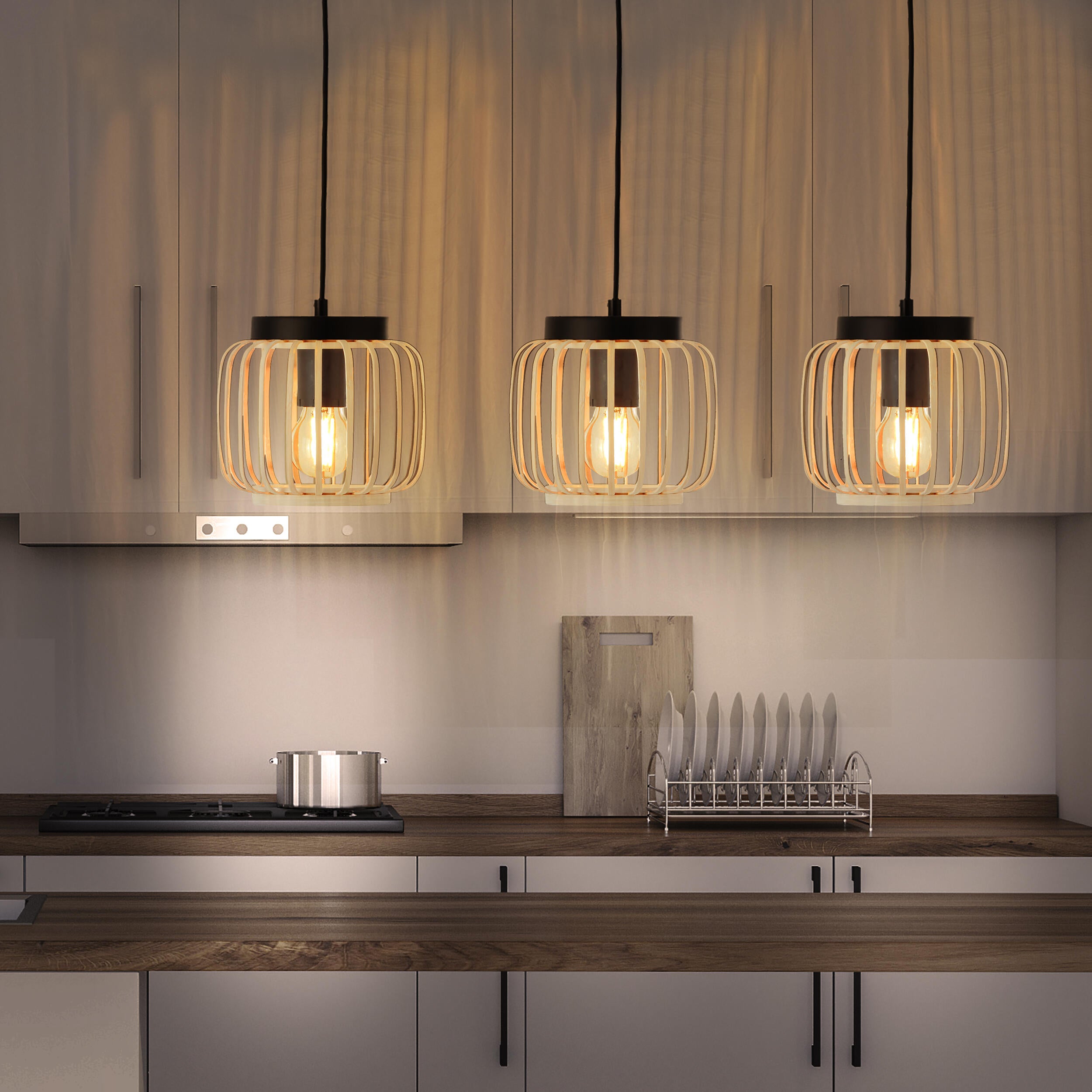 Candeeiro de teto suspenso INSPIRE PECAN E27 3 LÂMPADAS METAL MATE PRETO/BAMBU - 15