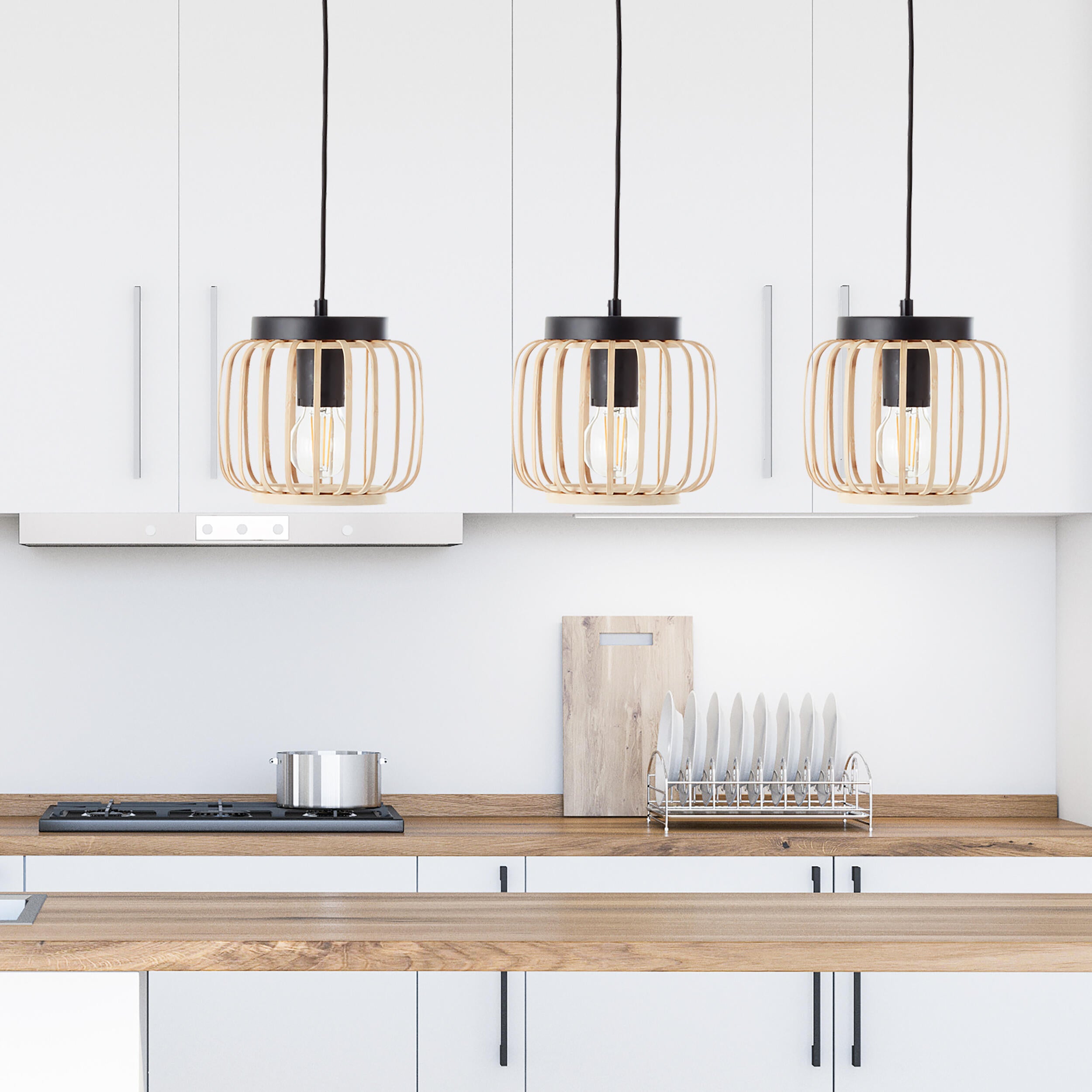 Candeeiro de teto suspenso INSPIRE PECAN E27 3 LÂMPADAS METAL MATE PRETO/BAMBU - 5