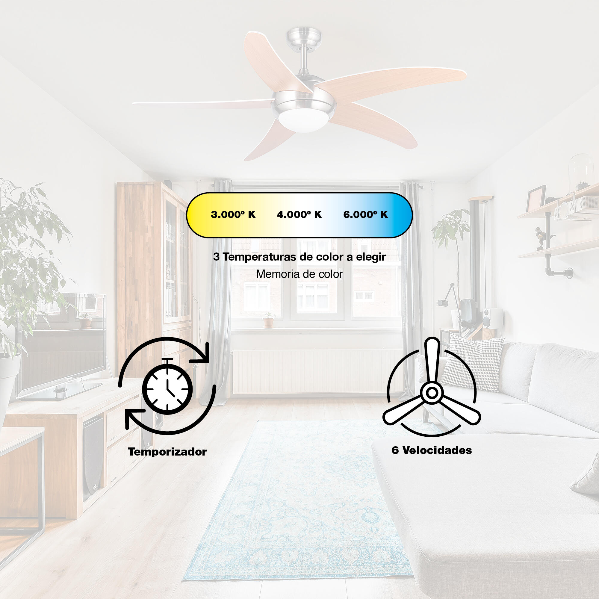 Ventilador de techo con luz motor DC Ragnar níquel 132 cm - 5