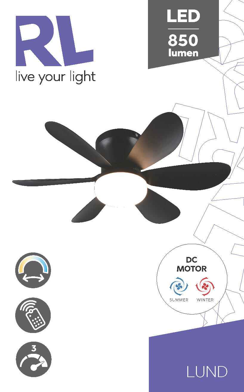 Ventoinha de teto com lâminas com fonte de luz Lund d52 cm 65000K IP20 preto - 5