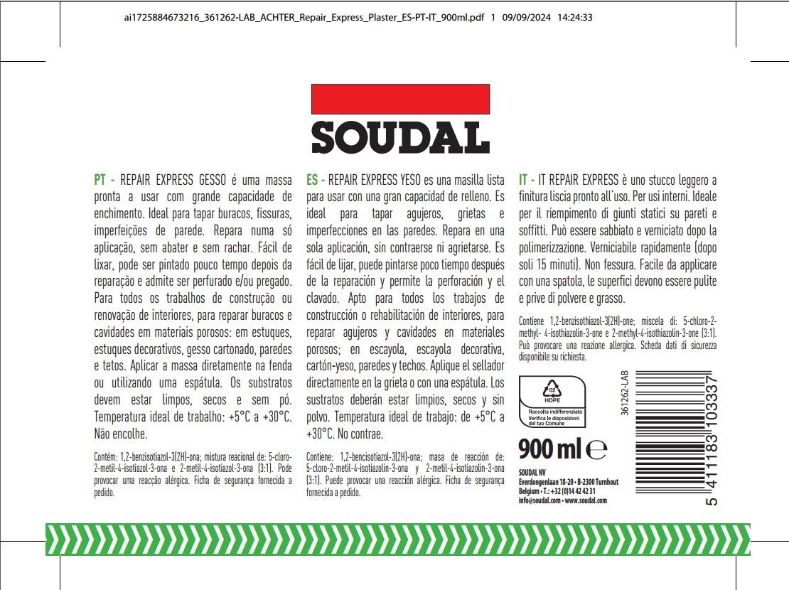 Massa reparadora SOUDAL REPAIR EXPRESS GESSO 900ML - 3