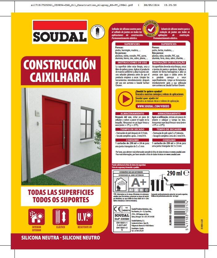 Silicone caixilharia neutro 300ml alumínio Soudal - 5